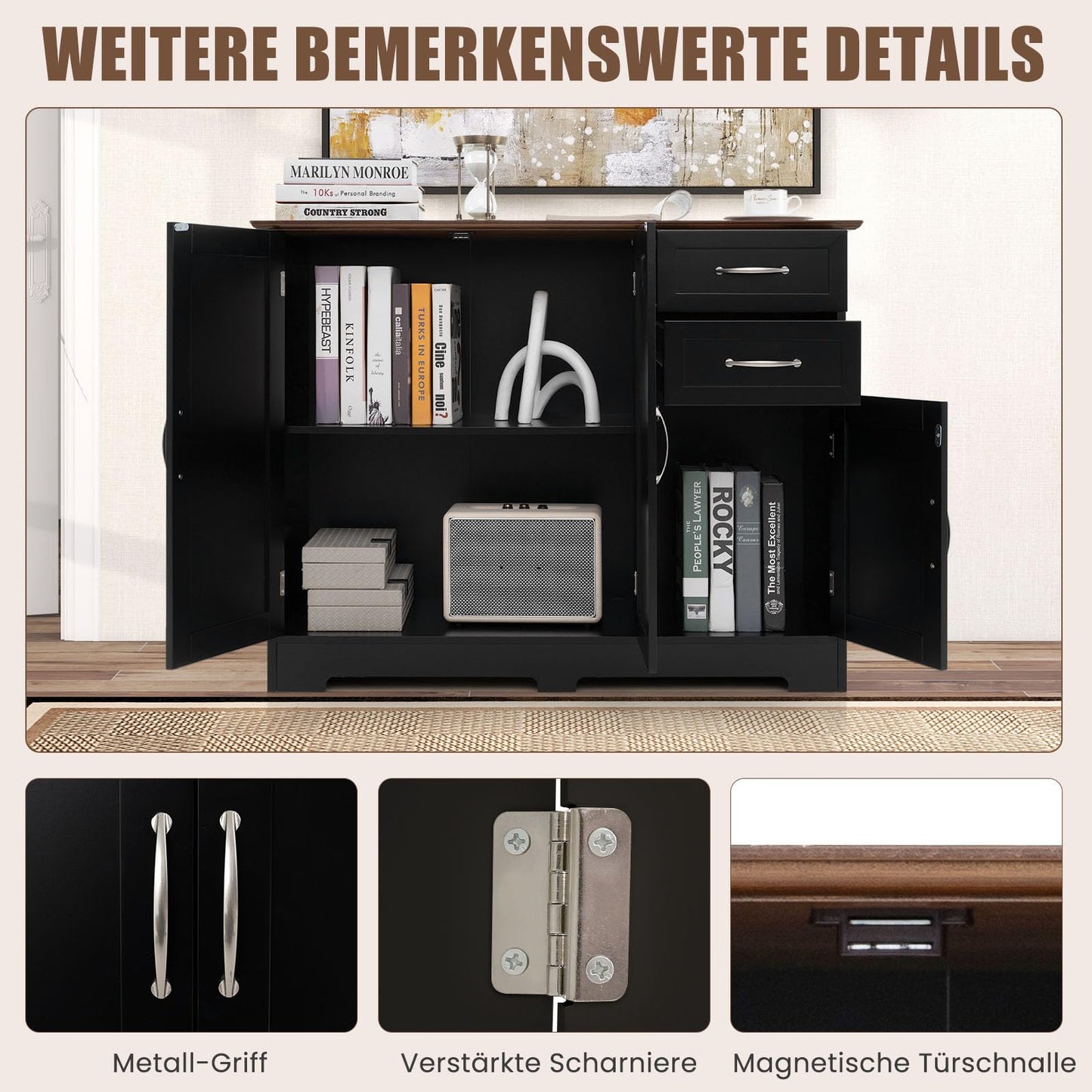 COSTWAY Sideboard, Kitchen Cabinet with Worktop 100 x 40 cm, Buffet Cabinet with Doors & Drawers & Adjustable Shelves, Kitchen Island for Kitchen, Dining Room (Black)