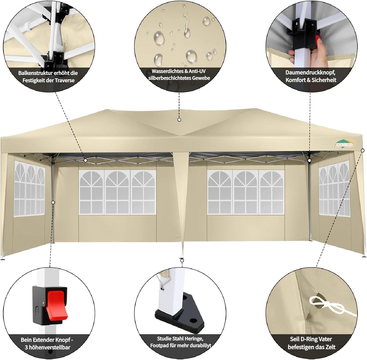 COBIZI Gazebo 3 x 6 Folding Gazebo Waterproof Stable Winterproof Foldable Party Tent with 6 Side Panels Pop Up Garden Gazebo UV Protection 50+ Height Adjustable for Beach Wedding Camping White