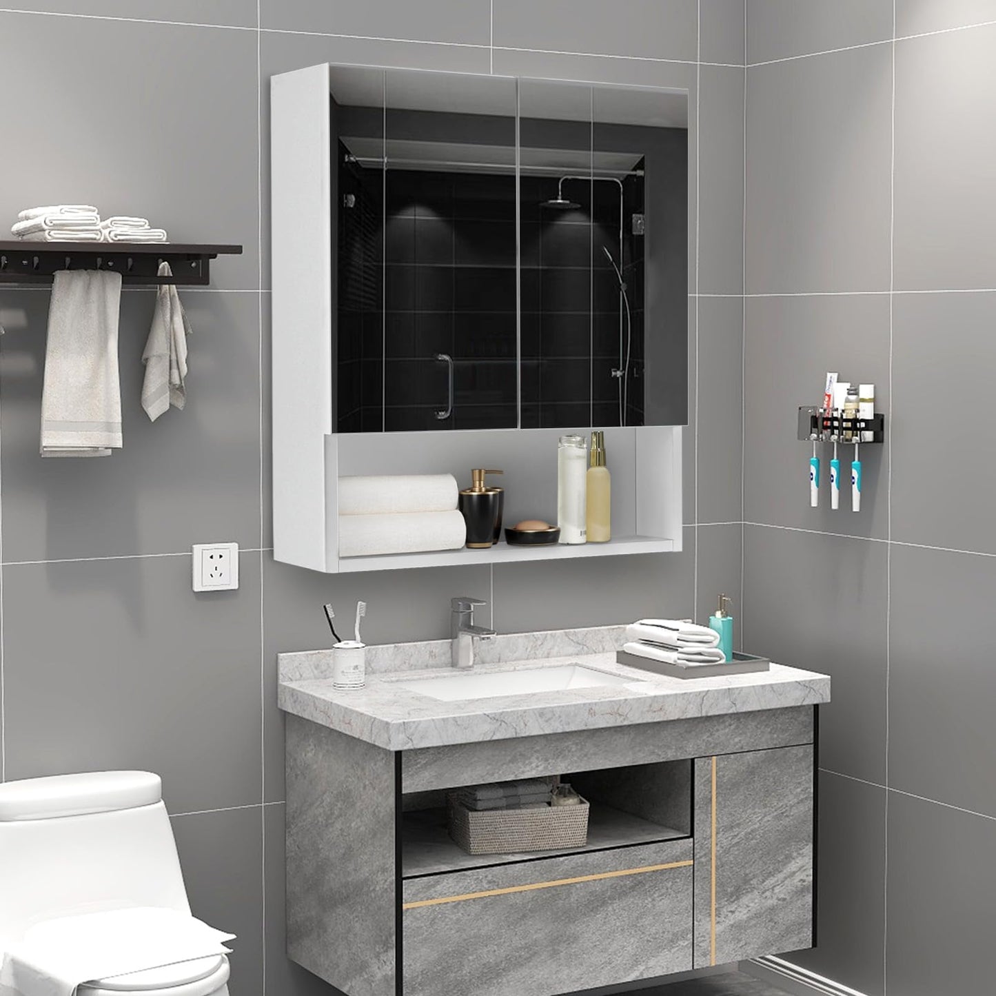 TUKAILAI Mirror Cabinet Bathroom Cabinet with 2 Toy Doors and Additional Shelf Storage Cabinet with Adjustable Shelves Wall Cabinet Medicine Cabinet Wall Cabinet for Bathroom White