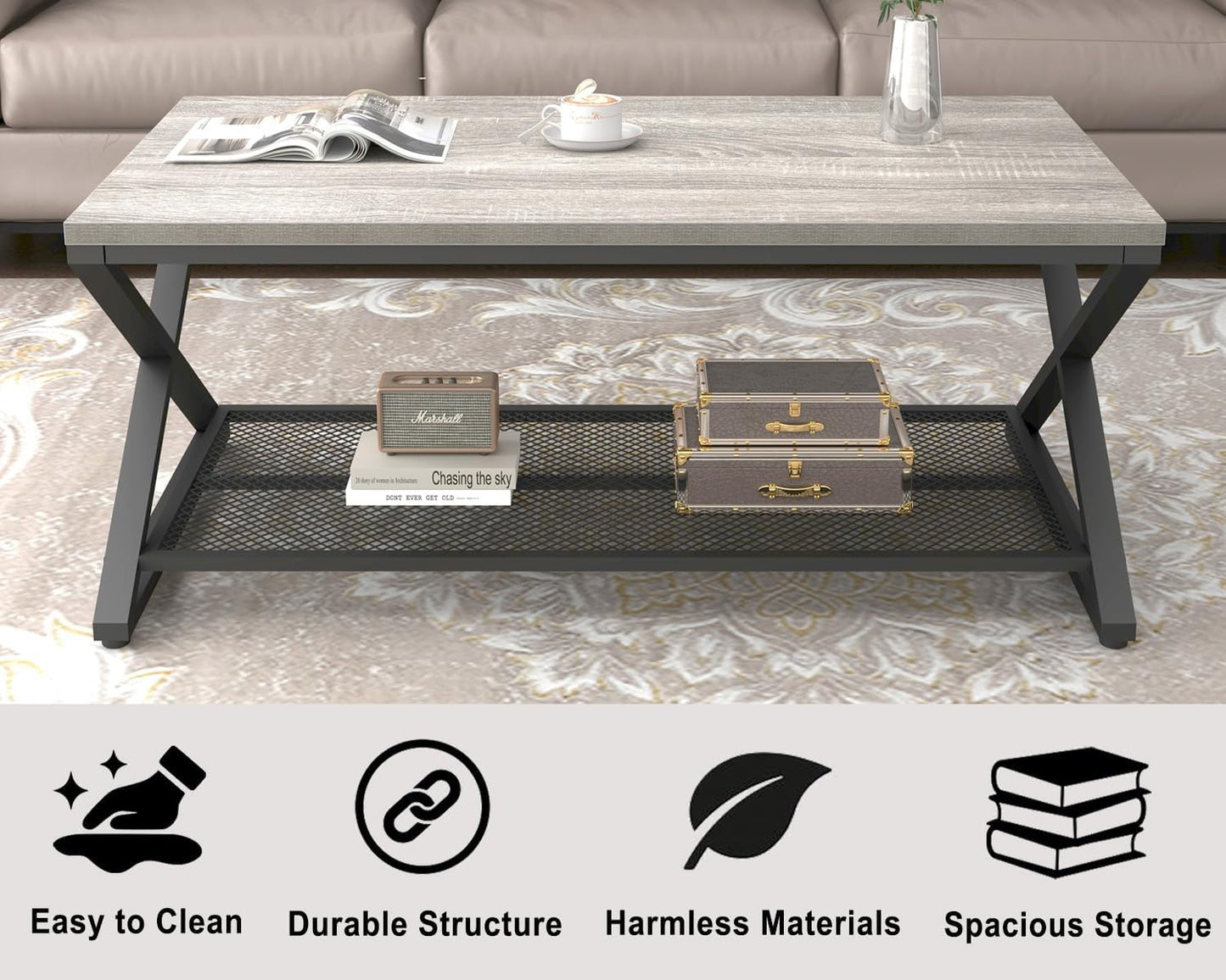 LVB Rectangular Coffee Table, Living Room Table, Sofa Table, Side Table, Wood, Metal, Living Room Furniture, Coffee Table, Vintage Retro Industrial Design, 120 x 60 x 45 cm