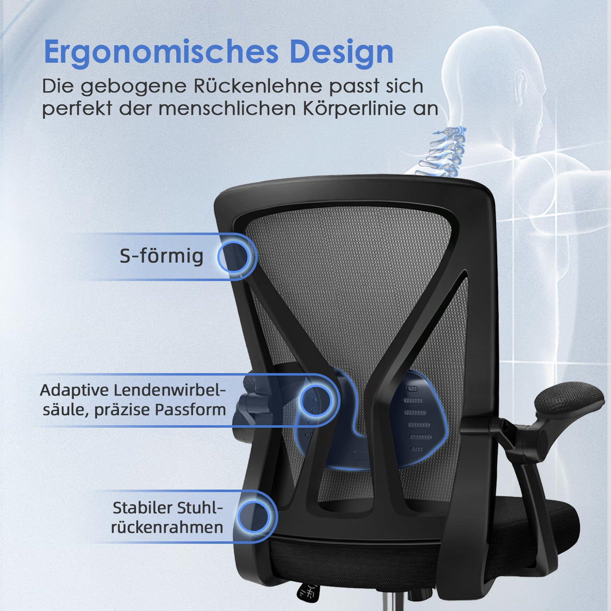 Hinonde Office Chair, Desk Chair with Folding Armrests and Rocker Function, 360° Swivel Chair, Height-Adjustable Office Chair, Ergonomic Home Office Chair with Breathable Mesh, Up to 150 kg