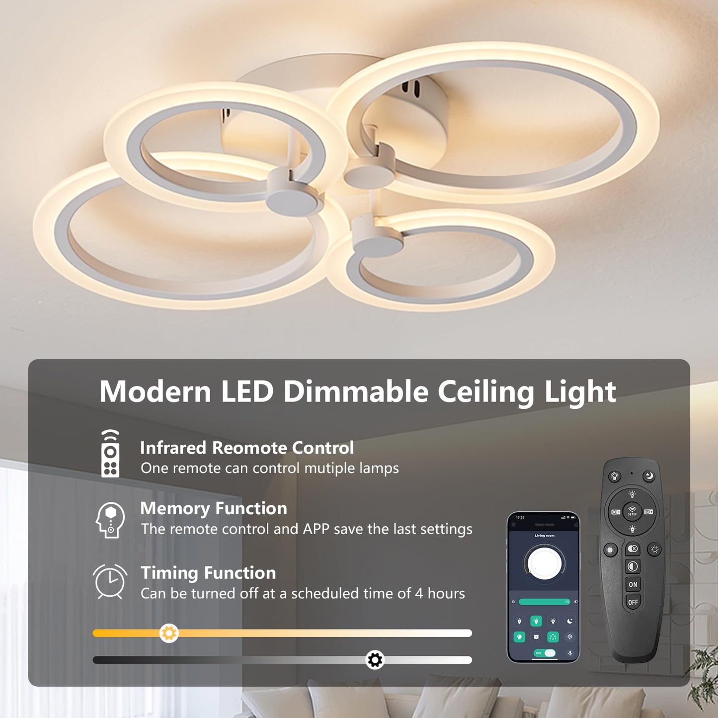 SUCIKORIO LED Deckenleuchte Dimmbar mit Fernbedienung, Modern LED Deckenlampe Rund Wohnzimmer 54W Wohnzimmerlampe 2700K-6500K Schlafzimmerlampe Decke mit APP für Schlafzimmer, Küche, Badezimmer, Flur