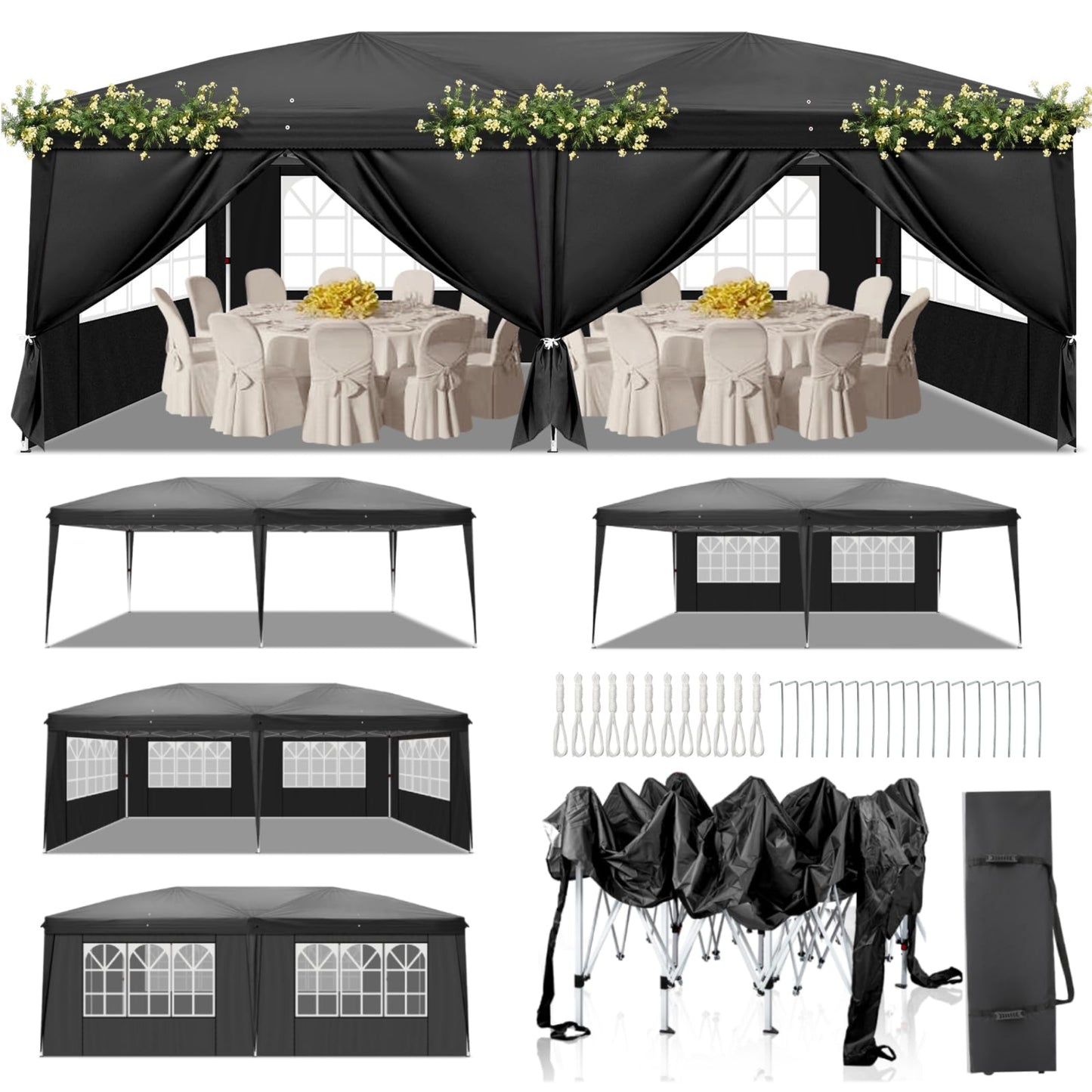 LEADZM Gazebo, Folding Gazebo, 3 x 6 m, Pop-Up, Waterproof, Winterproof, Height Adjustable, UV Protection 50+, Garden Tent, Party Tent, Steel Frame, with 6 Side Panels, for Garden, Party, Camping,