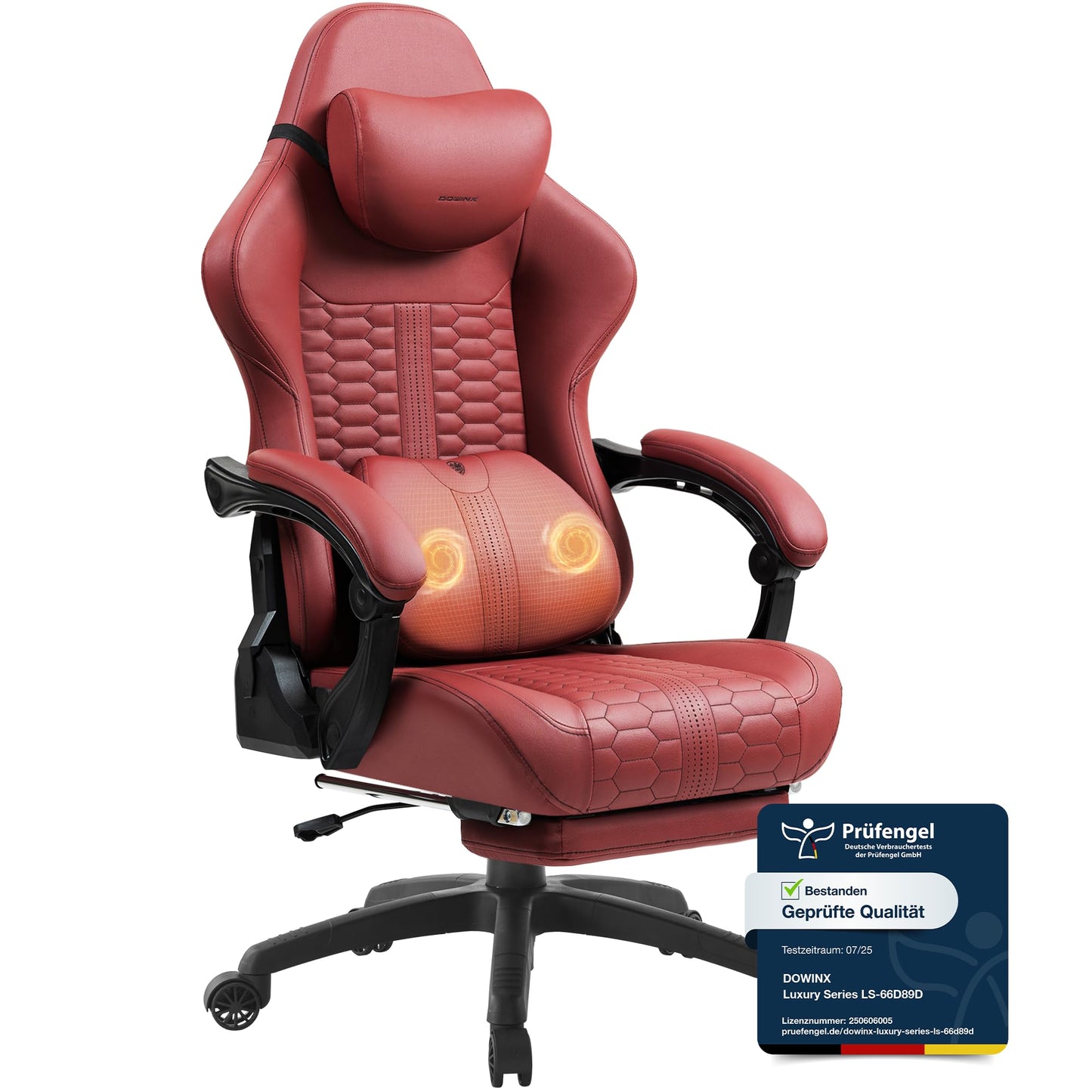 Dowinx Big and Tall Gaming Chair with Massage Lumbar Support, Gamer Chair with Footrest, Ergonomic Computer Chair, PU Leather, 180 kg, Brown