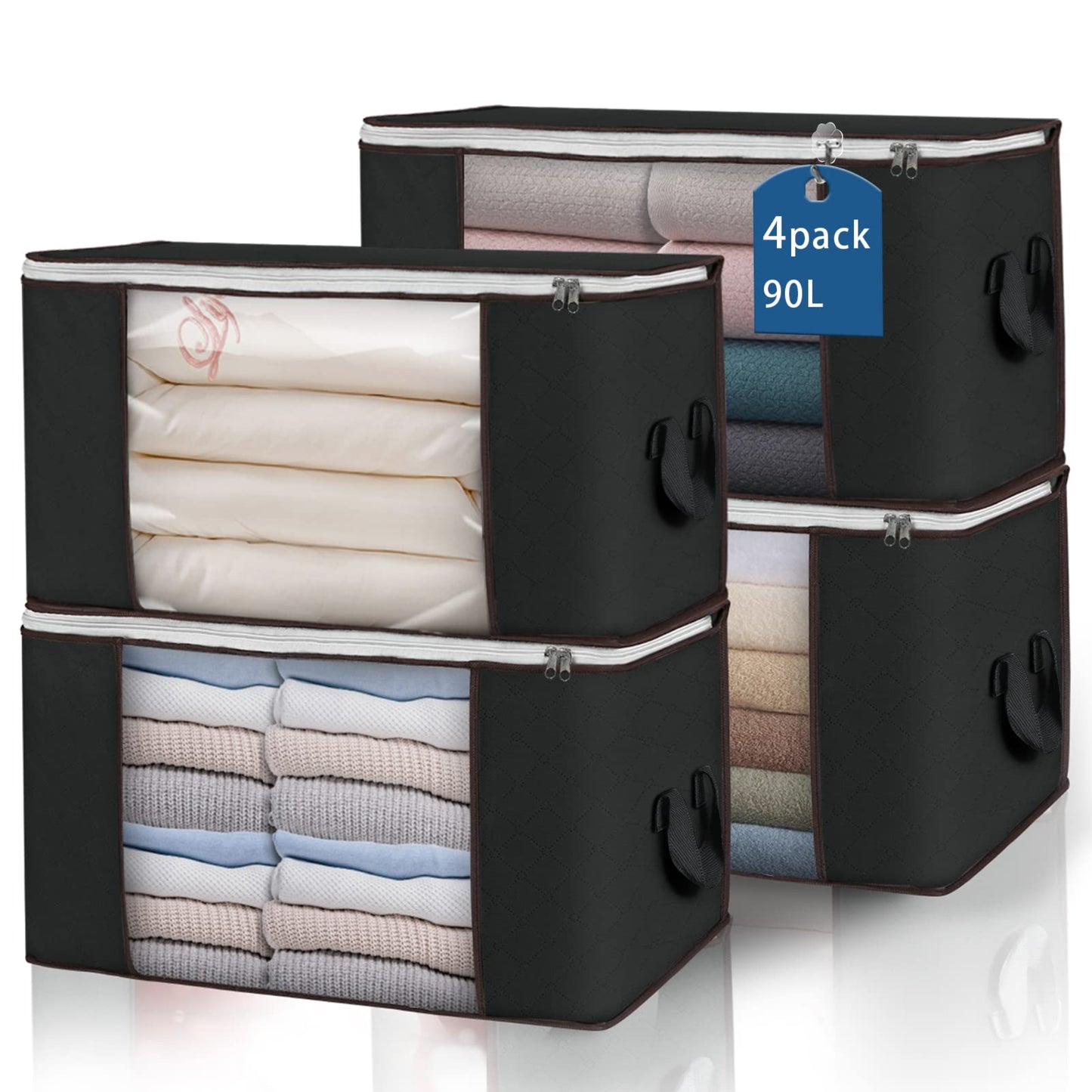 Budding Joy Pack of 6 90 L Storage Bags, Storage Boxes with Lid, Large, Clothes Storage, Moving Boxes, Foldable Underbed Wardrobe for Clothes, Duvets and Bedding, Grey