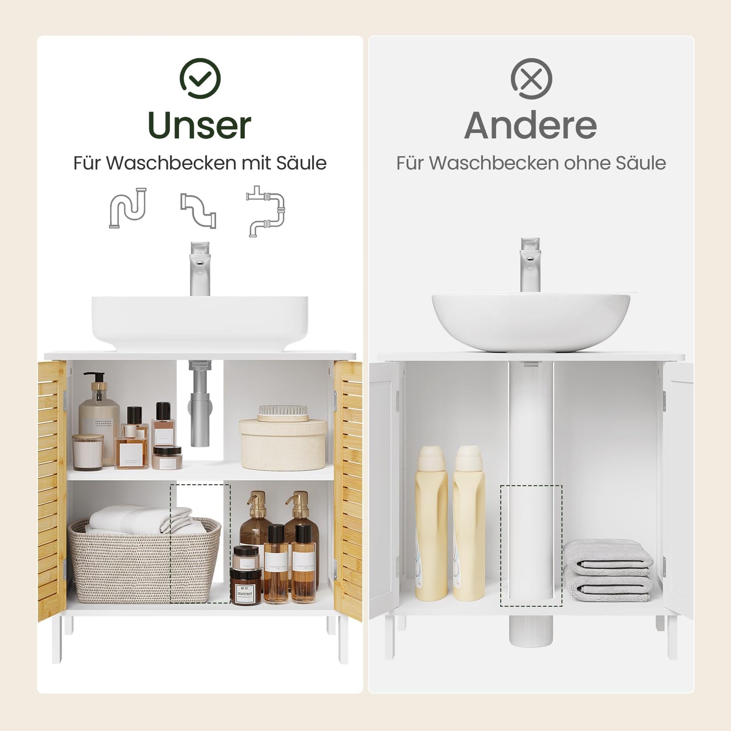 EUGAD Under Basin Vanity Unit Bathroom Cupboard with 2 Doors 60 x 30 x 60 cm, Bamboo