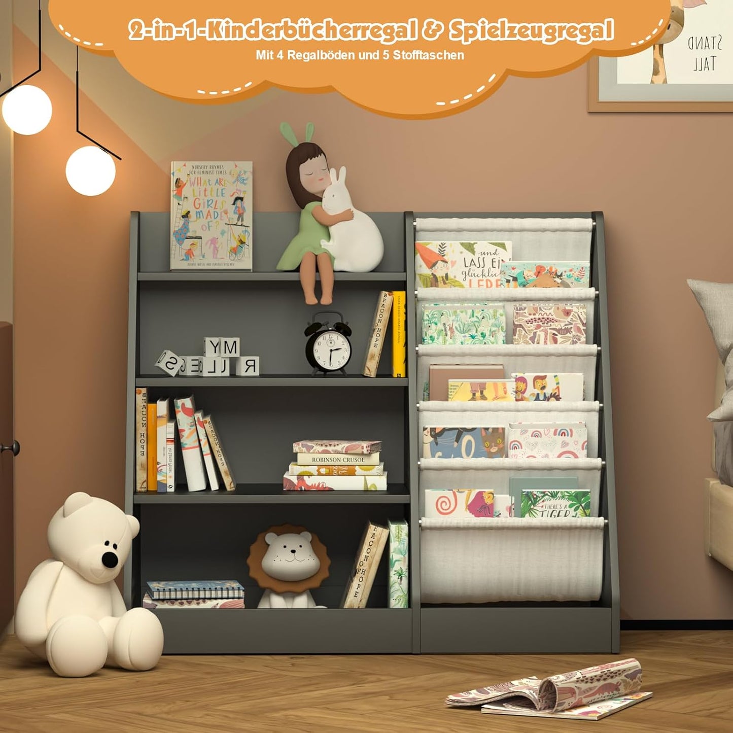 Children's Shelf, White with 5 Shelves and 4 Open Compartments, Bookcase for Children, Toy Organiser, 90 x 40 x 80 cm