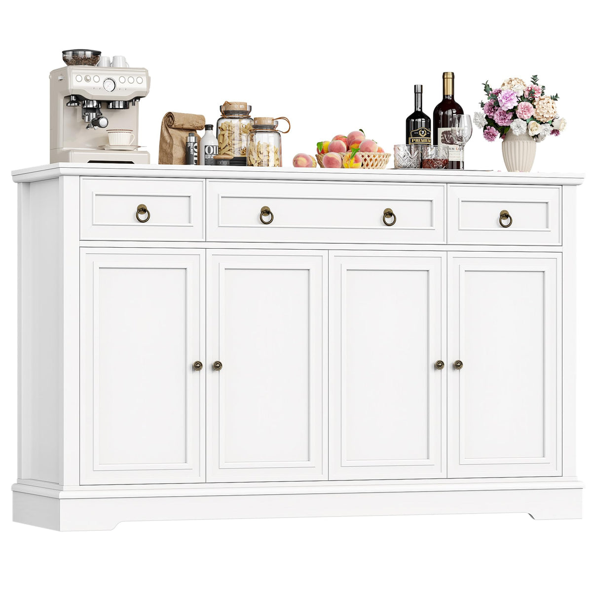 FirFurd Sideboard Kitchen Cabinet with Worktop Buffet Cabinet Sideboard for Kitchen Living Room Cabinet with 3 Drawers and 4 Doors Kitchen Buffet with Adjustable Shelf 134 x 87 x 40 cm White