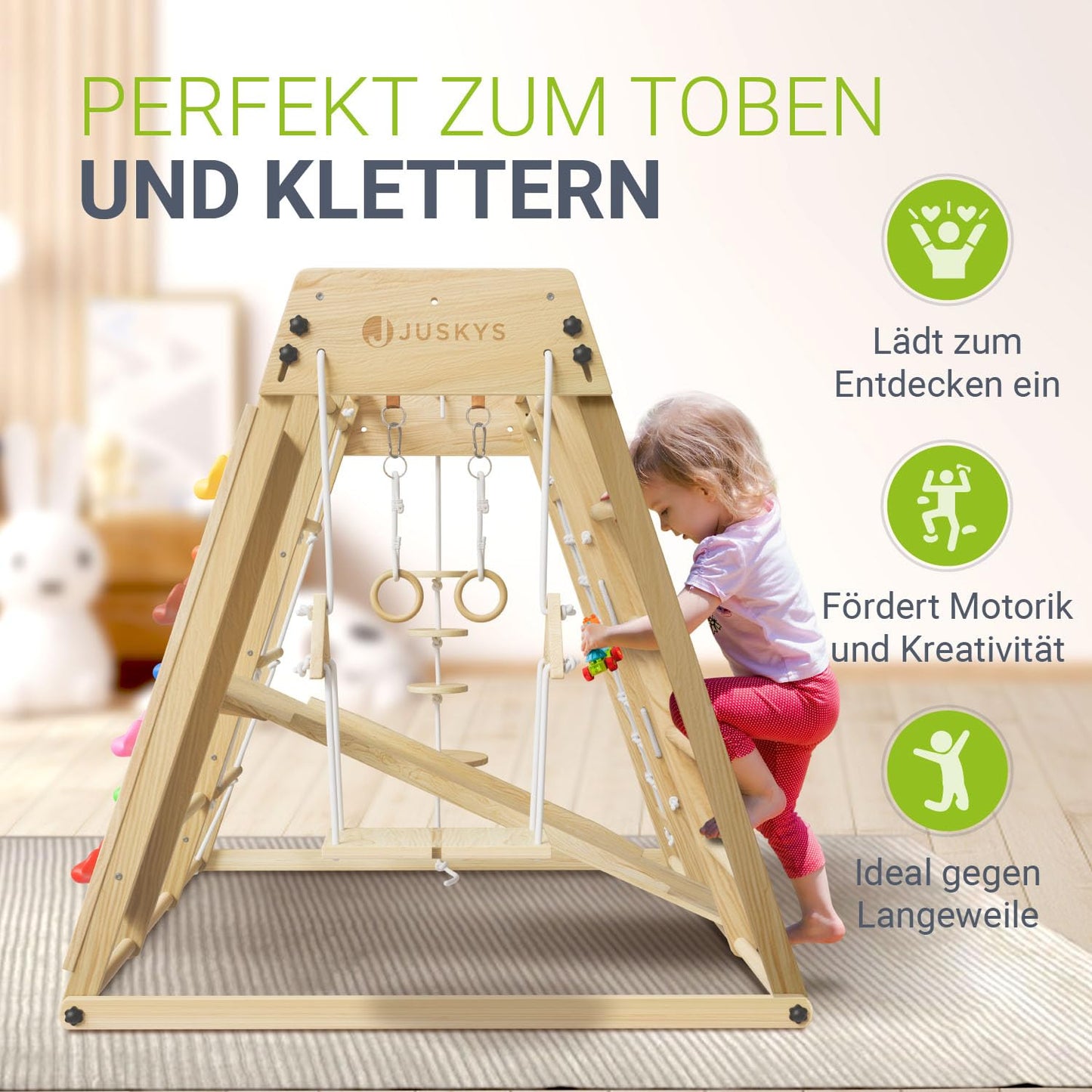 Juskys Mini Climbing Frame for Children - Indoor Playground with Slide, Climbing Wall, Climbing Net & Gymnastics Rings - Wooden Climbing Tower Foldable - Natural