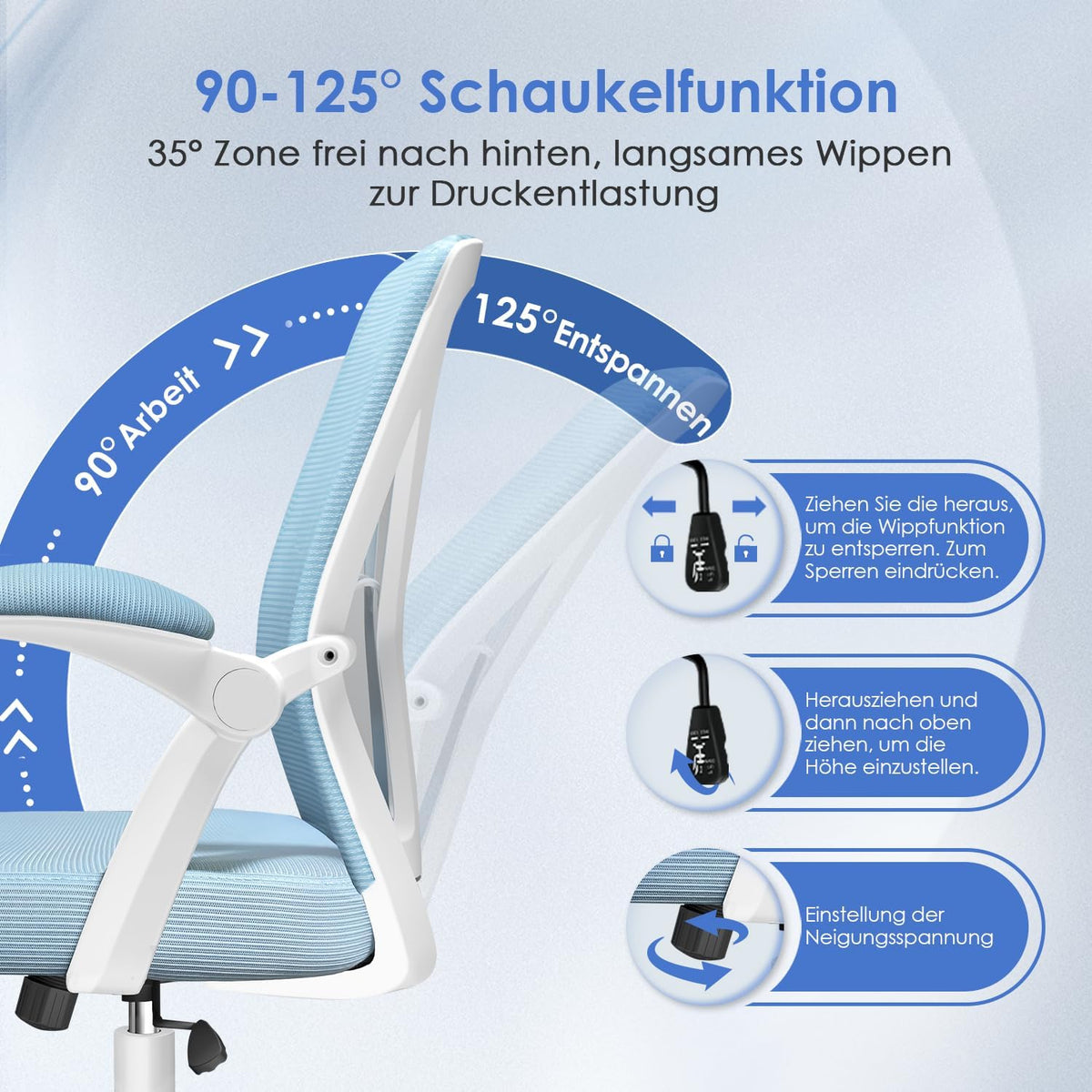 Hinonde Office Chair, Desk Chair with Folding Armrests and Rocker Function, 360° Swivel Chair, Height-Adjustable Office Chair, Ergonomic Home Office Chair with Breathable Mesh, Up to 150 kg