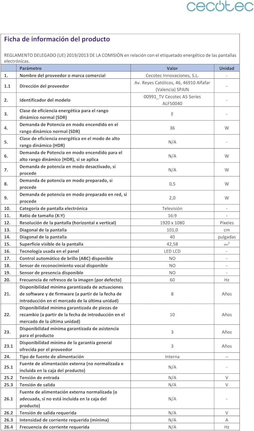 Cecotec Smart TV - LED-Fernseher mit 40 Zoll, Full HD-Auflösung - A5 Serie ALF50040. VIDAA Smart TV, Dolby Audio, integriertes WLAN, 3 HDMI und 2 USB, 16W Lautsprecher