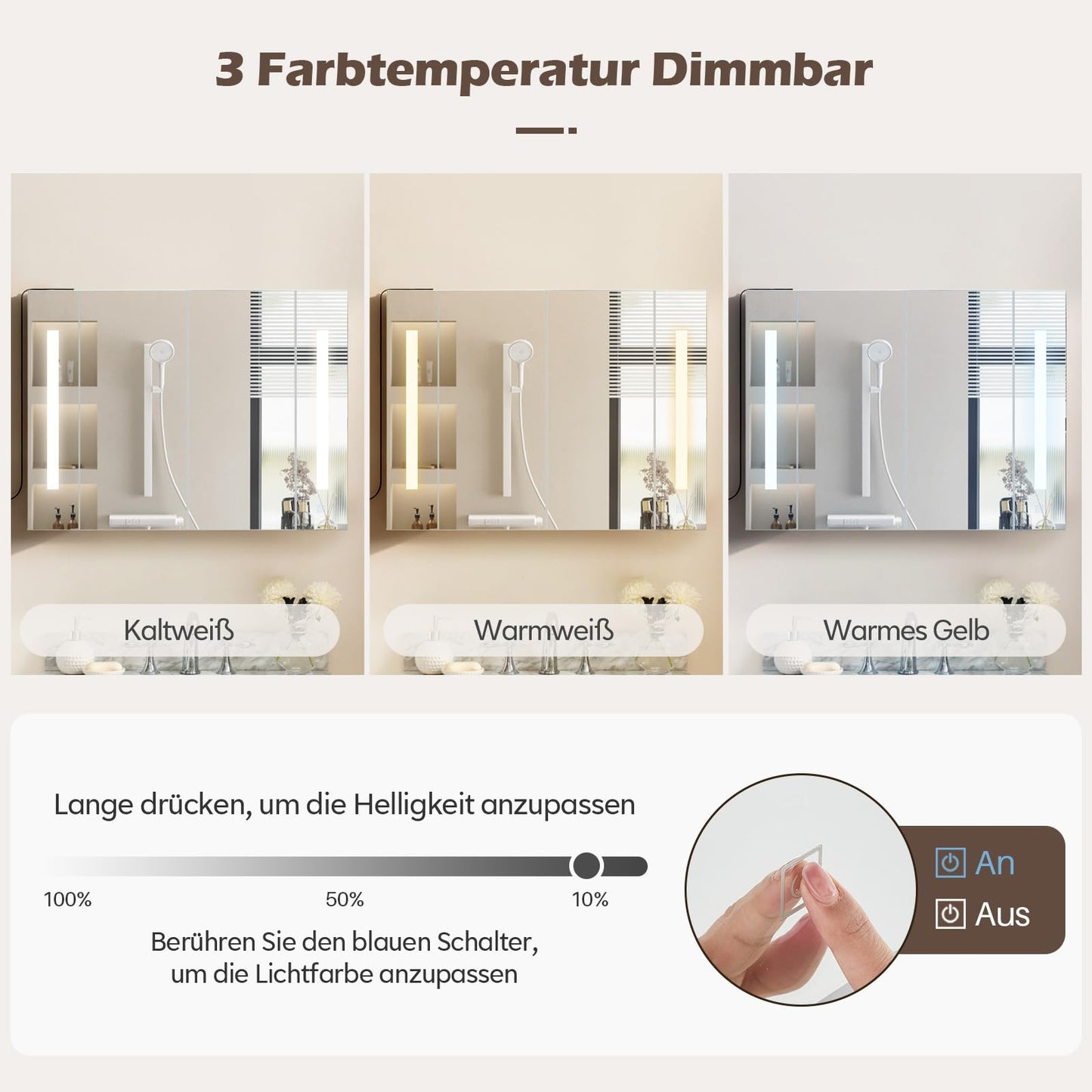 TUKAILAI Mirror Cabinet with LED Lighting, 6 Open Shelves and Adjustable Shelves, Bathroom Mirror with Touch Switch, Bathroom Mirror, Light Mirror, Wall Mirror, Bathroom Cabinet for Bathroom