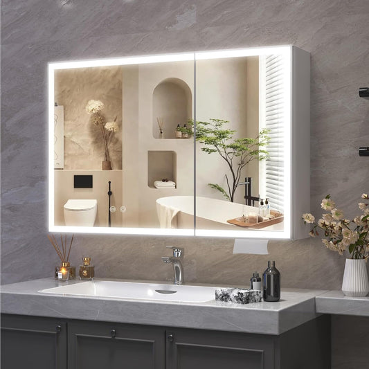 Aovquof Mirror Cabinet with Lighting - 90 x 60 cm Bathroom Mirror Cabinet with Storage Space, Bathroom Mirror Cabinet with Adjustable Dimmable LED Lights with Demist Function, Modern Cream Colour