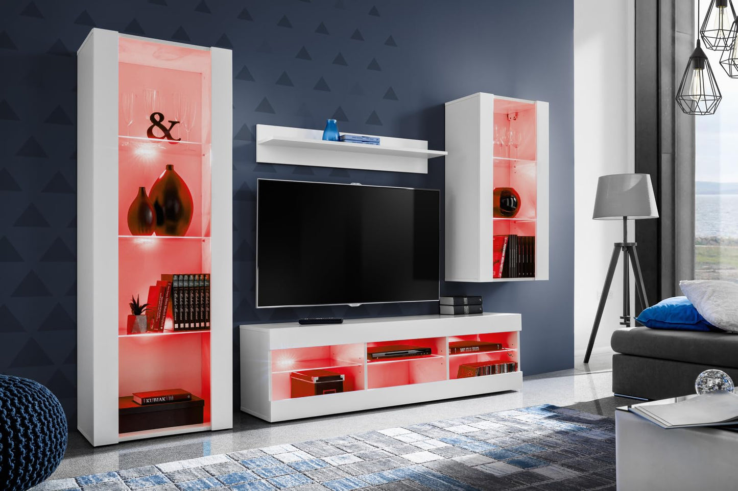 Komodee Tivoli Medio Wall Unit Living Room Set, Black/Black, Width 245 cm x Height 159 cm x Depth 35 cm, LED Blue, for Living Room, Bedroom