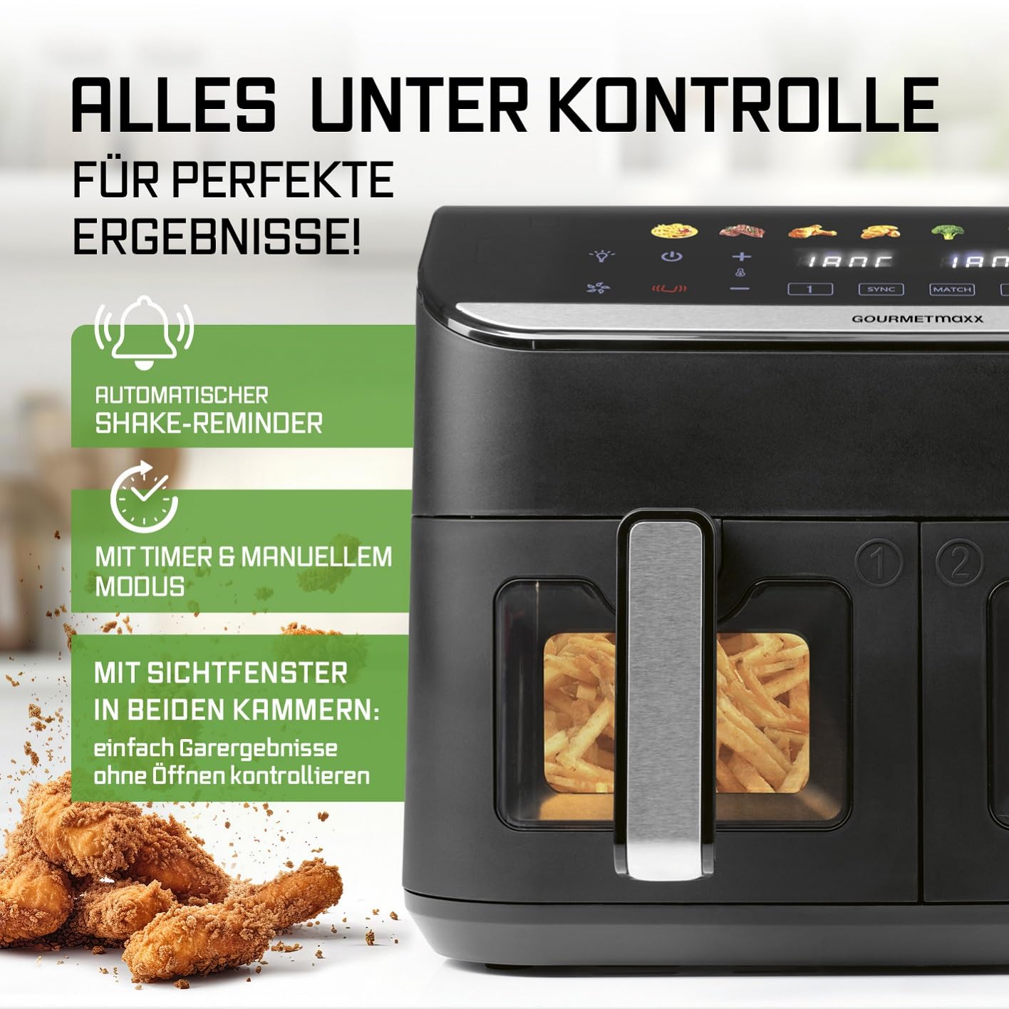 GOURMETmaxx Digitale Heißluftfritteuse 12 L, XXL-Edelstahl-Ofen | Airfryer + Timer, Touchdisplay, Drehspieß | fettarm, energiesparend frittieren | 10 Programme inkl. Pizza | 1800 W