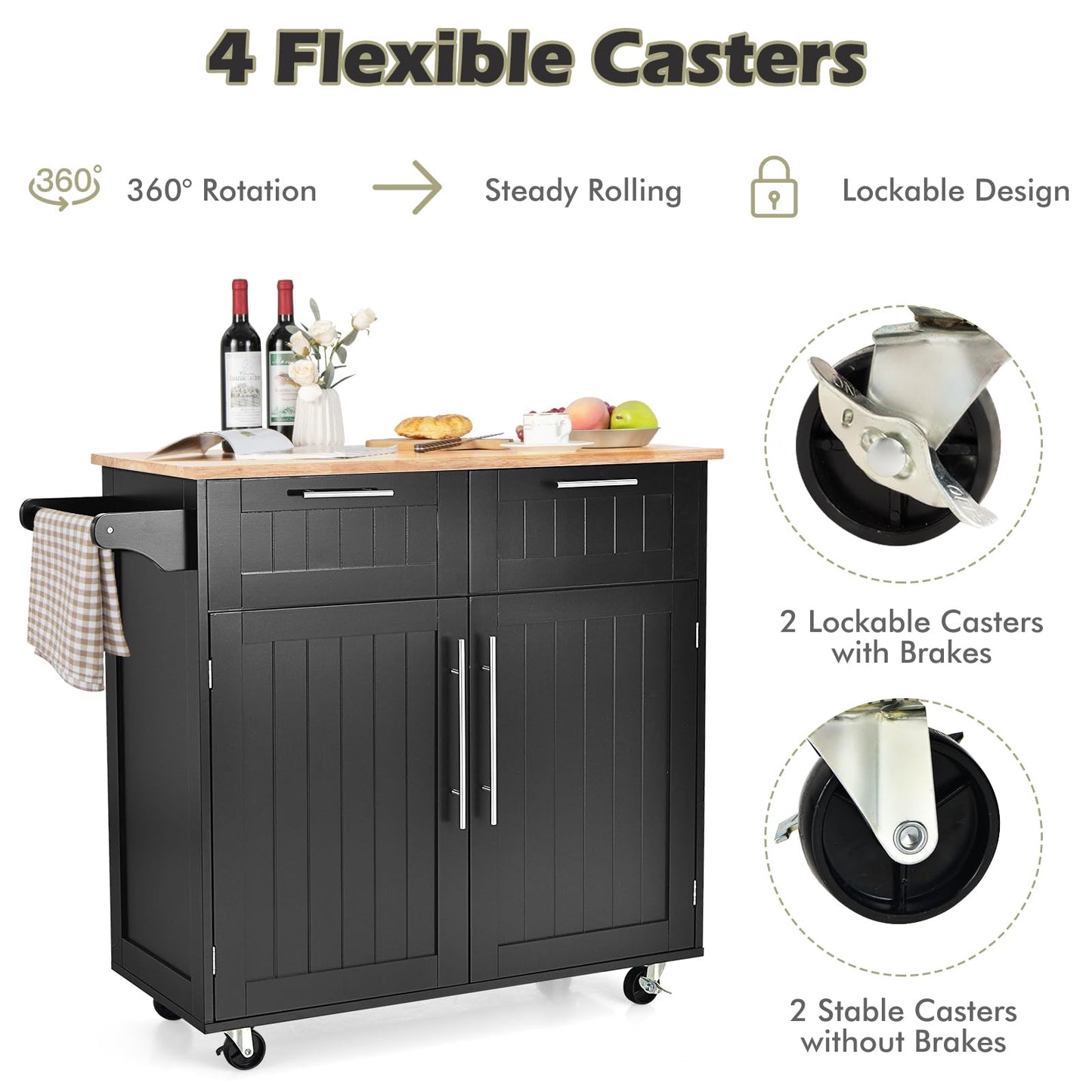 KOMFOTTEU Kitchen Trolley with Worktop, Kitchen Island with Wheels, Serving Trolley with 2 Drawers and Doors, Large Wooden Trolley 94 x 45.5 x 94.5 cm (Black)