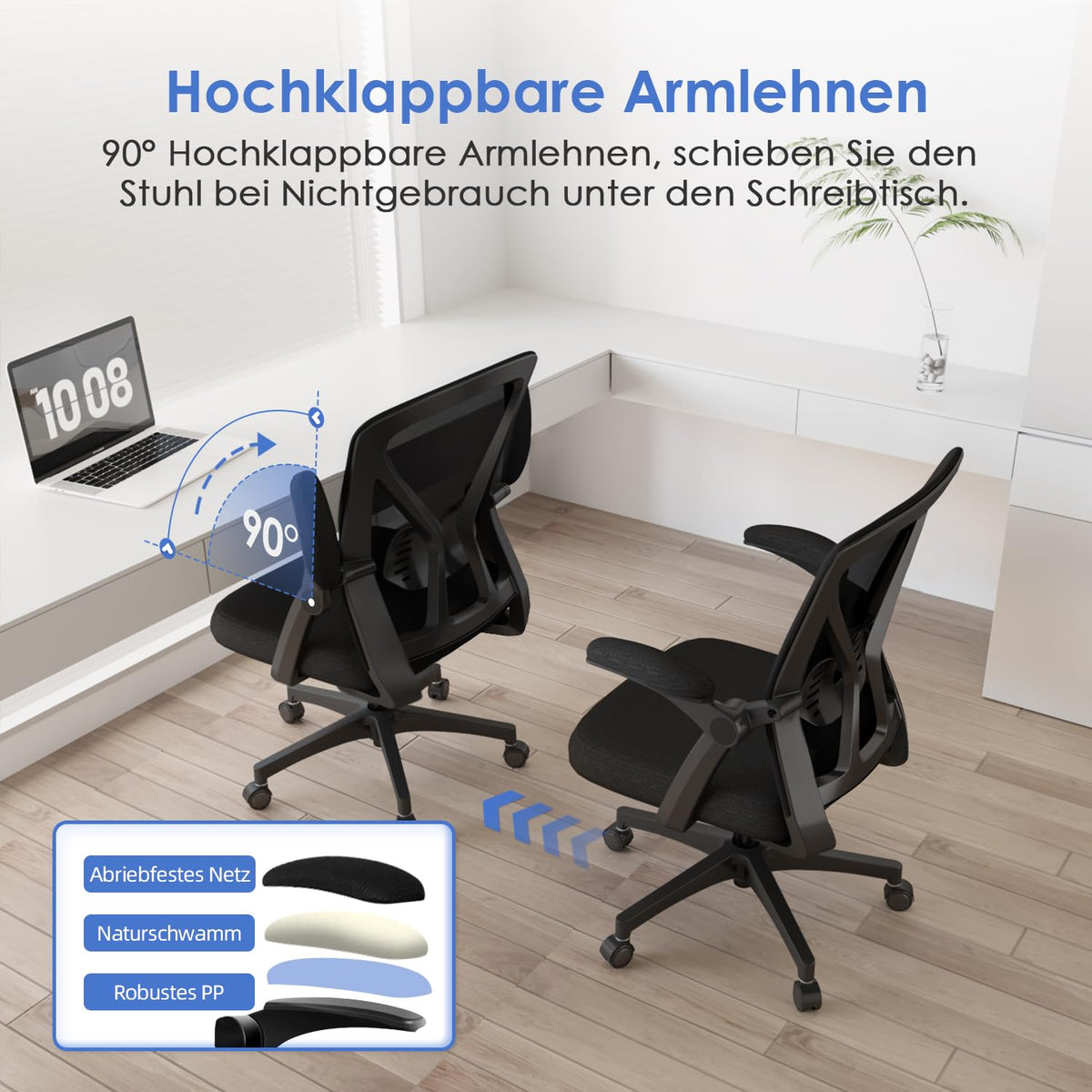 Hinonde Office Chair, Desk Chair with Folding Armrests and Rocker Function, 360° Swivel Chair, Height-Adjustable Office Chair, Ergonomic Home Office Chair with Breathable Mesh, Up to 150 kg