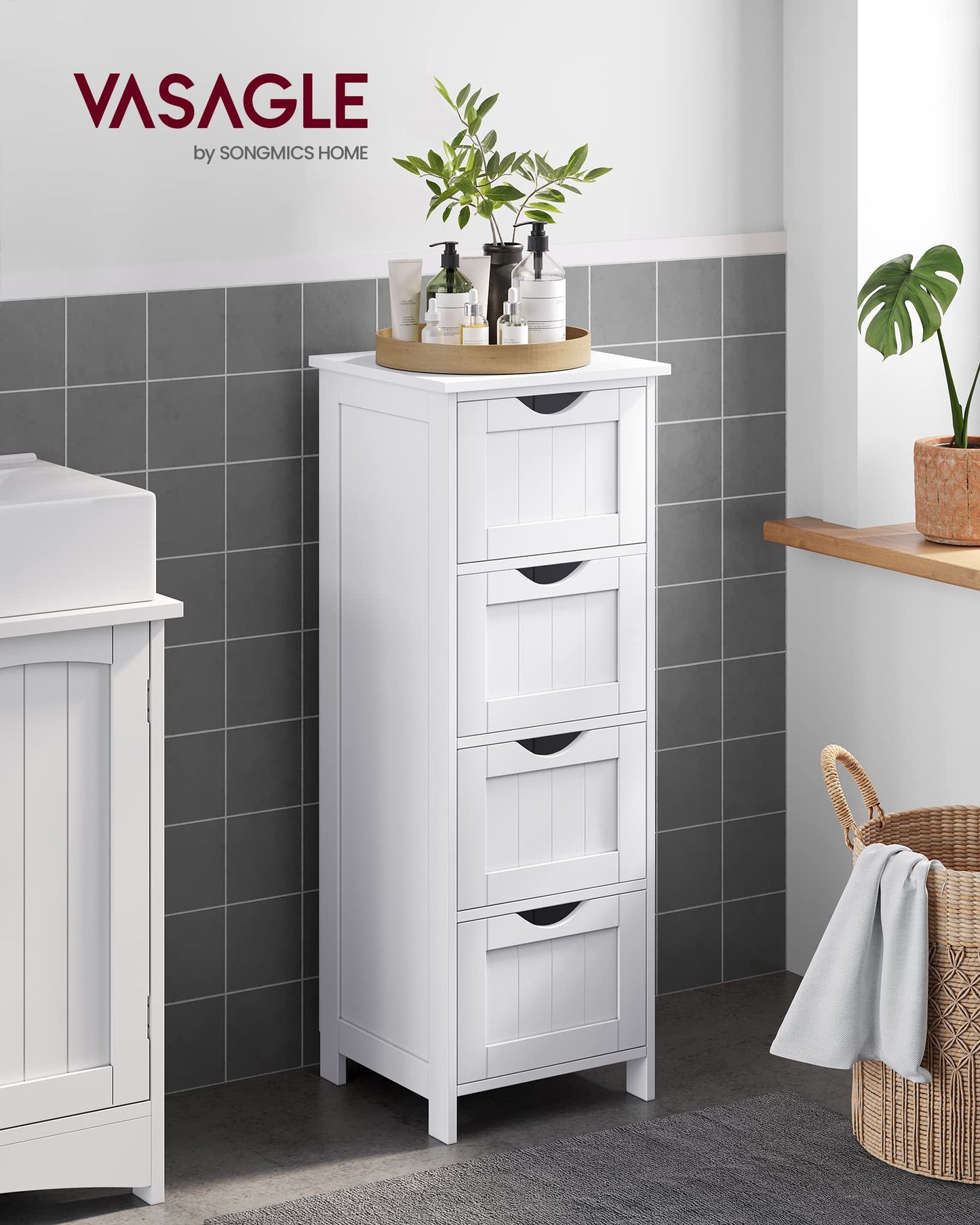 VASAGLE LHC40W Bathroom Cabinet Side Cabinet with 4 Drawers 30 x 30 x 82 cm for Bathroom Living Room Dining Room Kitchen Modern White