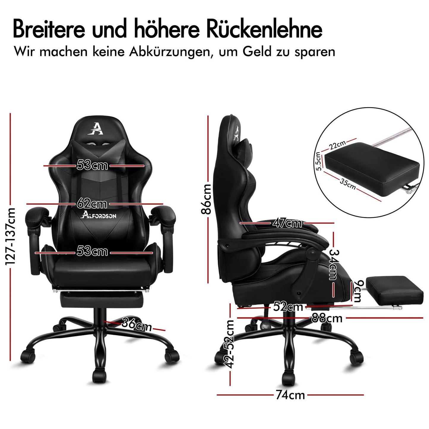 ALFORDSON Videospielstuhl, ergonomischer Bürostuhl, Massage-Rennstuhl, einziehbare Fußstütze, PU-Leder, höhenverstellbar und neigbar, 180 kg Tragkraft, Schwarz