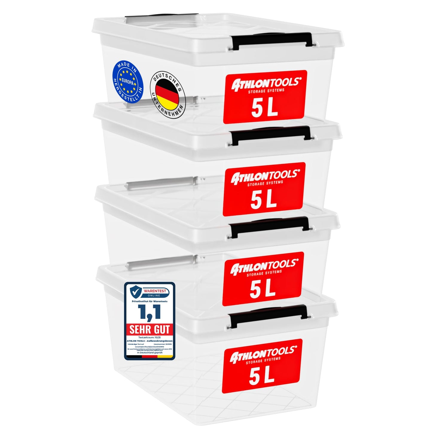 ATHLON TOOLS 4 x 60 L Storage Boxes with Lid, Food-Safe, Locking Clips, 100% New Material Plastic Box, Transparent, Clothes Boxes, Stackable