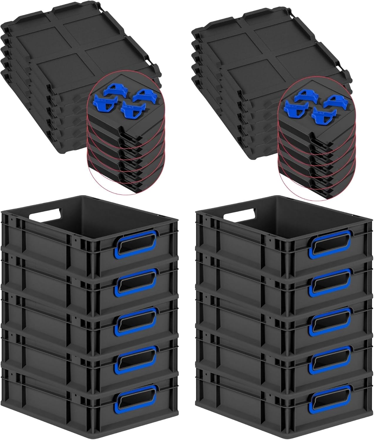 PROREGAL Economy Set of 5 Eurobox NextGen Colour with Lid and Sliding Snap Fasteners, H x W x D 22 x 30 x 40 cm, 20 L, Black, Closed Handles, Euro Container, Transport Box, Transport Container