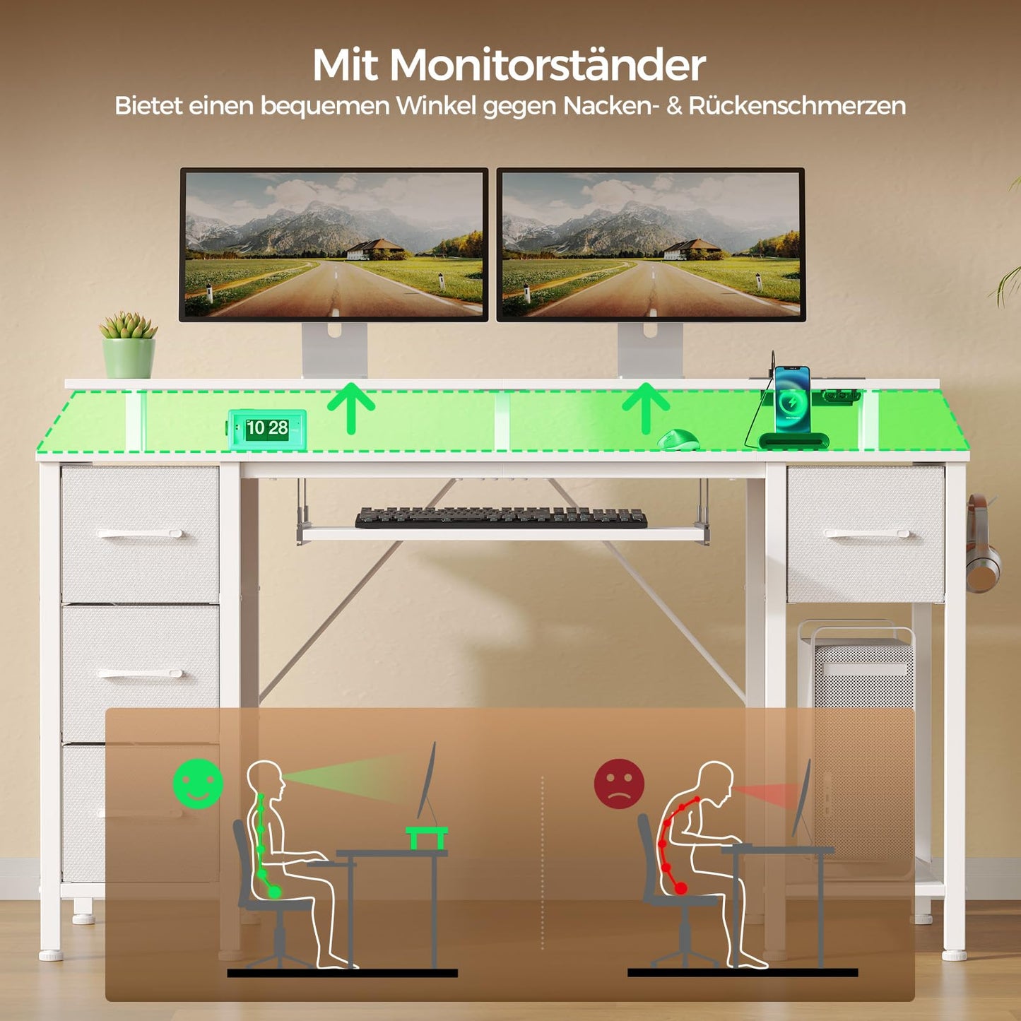 Rolanstar Desk with Drawers, 120 x 47 cm Gaming Table with Socket, LED & Monitor Stand, Computer Desk with Keyboard Tray, Gaming Desk for Home Office, Office, Living Room, White