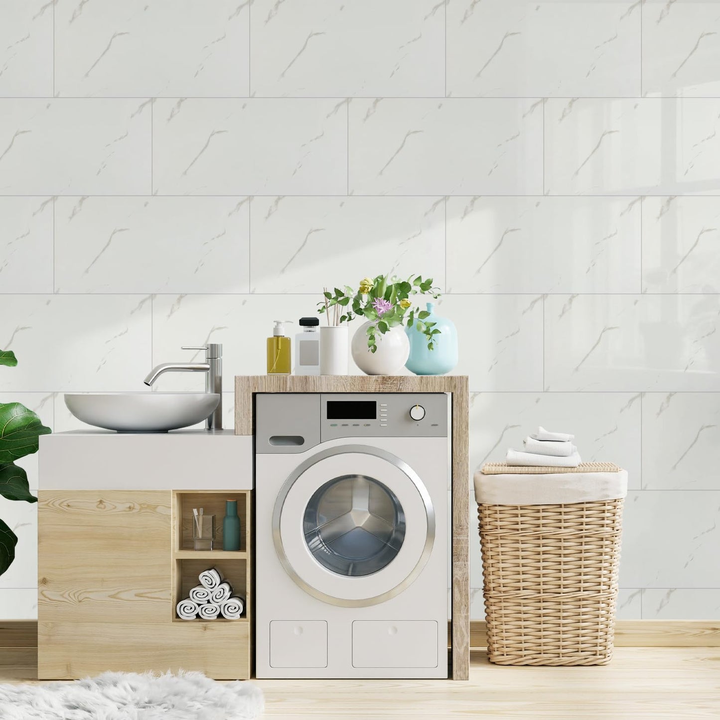 Hode Pack of 10 Adhesive Tiles, Kitchen Marble, 60 x 30 cm, Self-Adhesive Tiles, White, Waterproof, Wall Panels, Self-Adhesive for Kitchen Splashback, Bathroom, Living Room, Wall Tiles