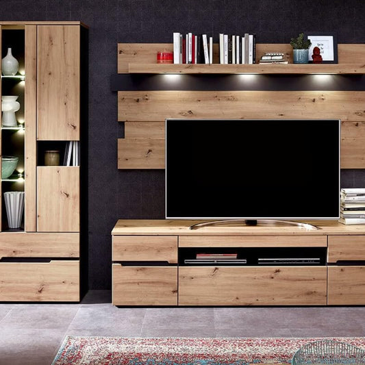 Lomadox Moderne TV Wohnwand inkl. LED-Beleuchtung in Artisan Eiche Nb. mit Graphit, B/H/T: ca. 287/197/47 cm