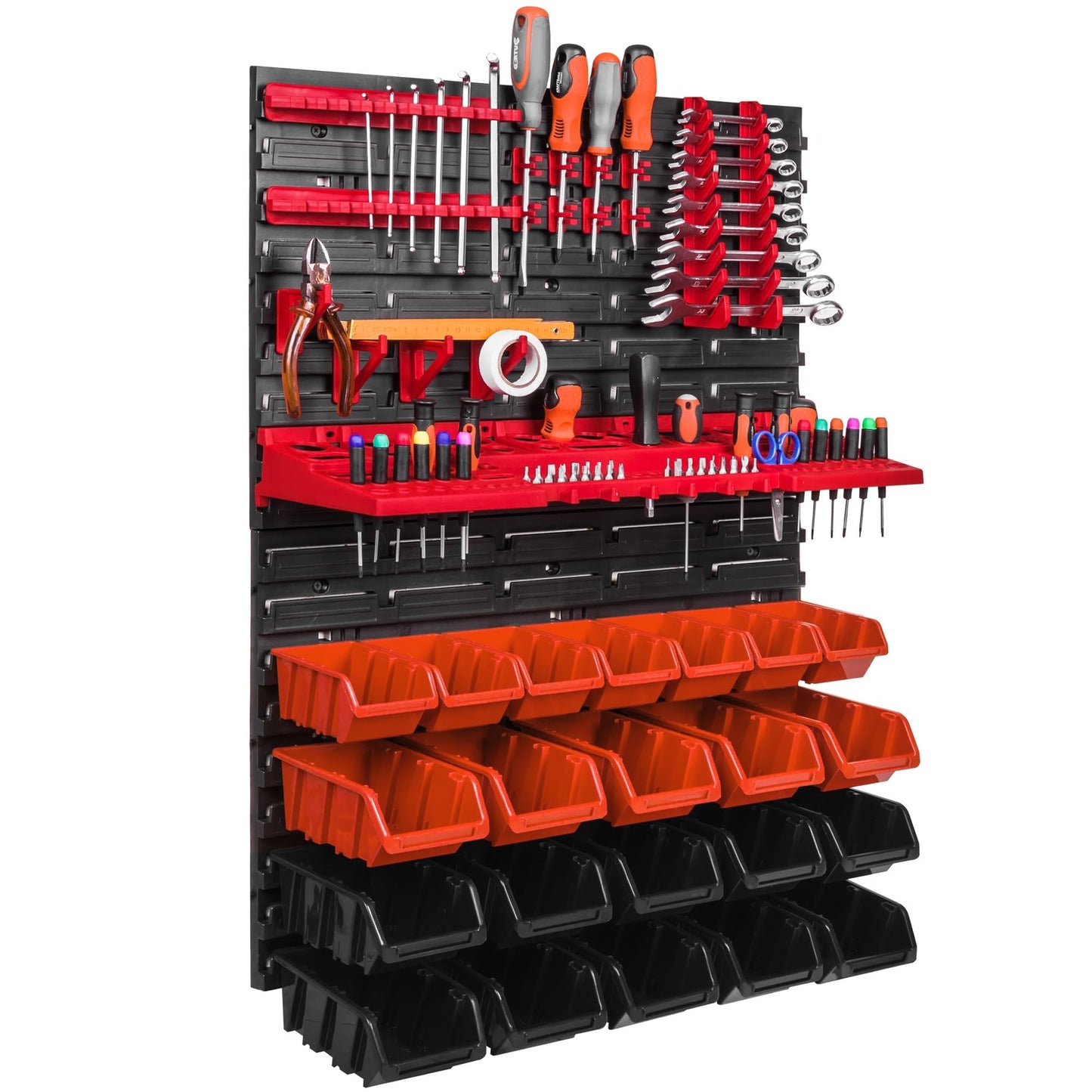 Storage System Wall Shelf 576 x 780 mm, Tool Holders, 28 pcs. Stacking Boxes Storage Boxes Extra Strong Wall Shelves Expandable Workshop Shelving Workshop Shelf