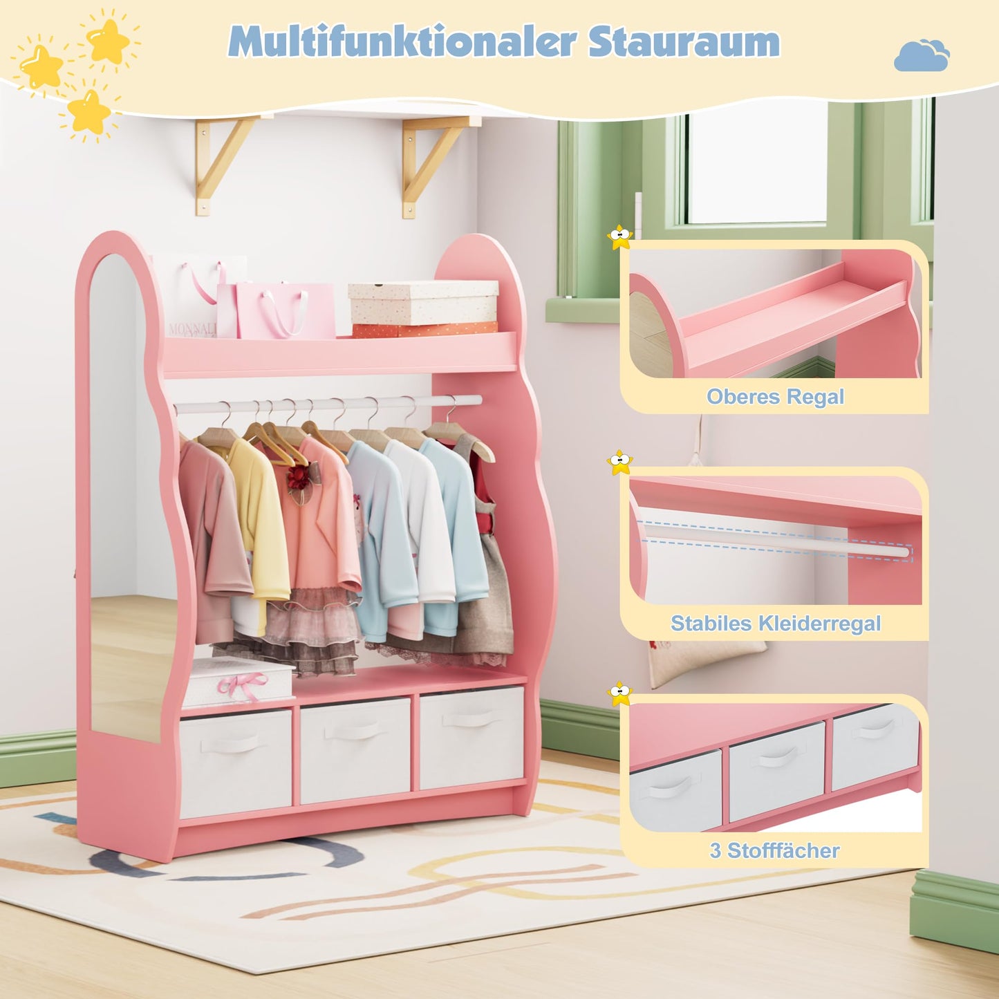 Children's Clothes Rack with Mirror, Clothes Rail with Shelves, Children's Wardrobe Wood, Children's Shelf for Children's Room, 81 x 28 x 106.5 cm (Clouds with 2 Drawers, White)