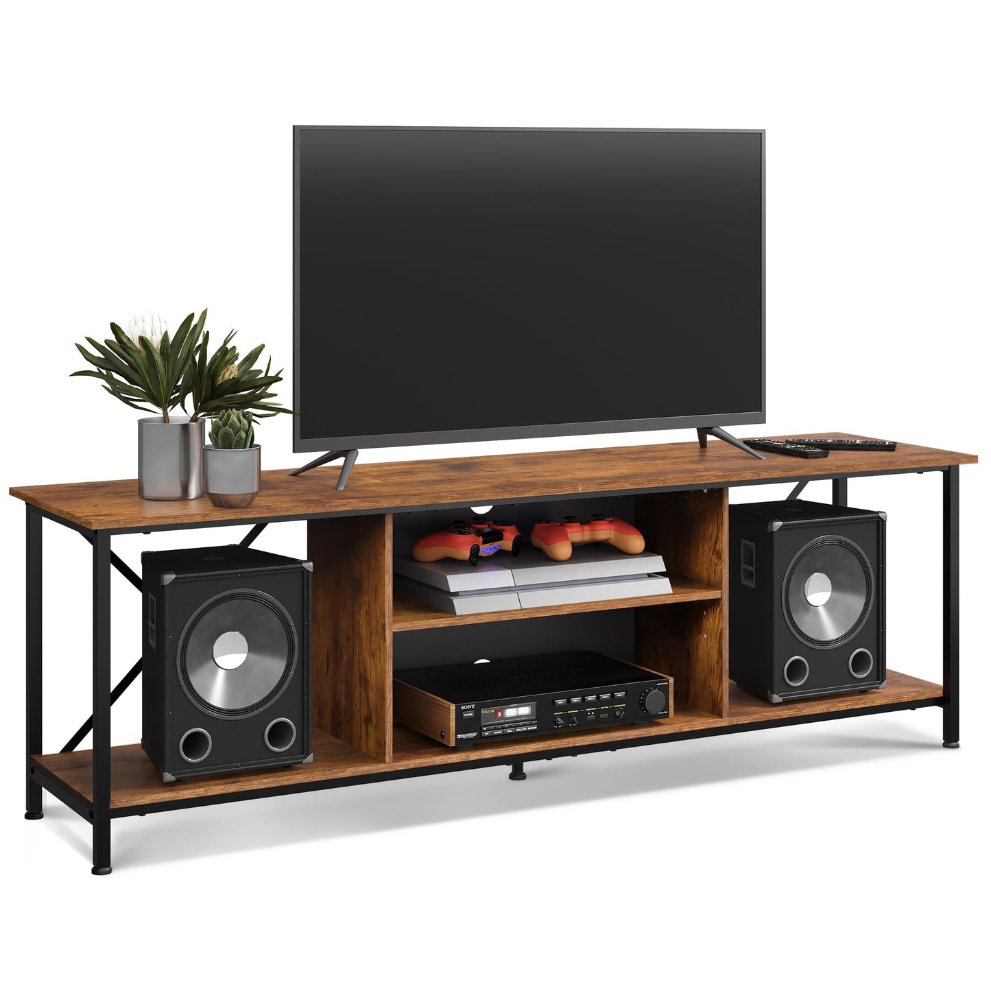 WLIVE TV Schrank, TV Lowboard für Fernseher bis zu 65 Zoll, TV Board Fernsehschrank mit Offenen Stauraum, 140 x 40 x 49 cm, Fernsehtisch für Wohnzimmer und Schlafzimmer, Vintagebraun-Schwarz