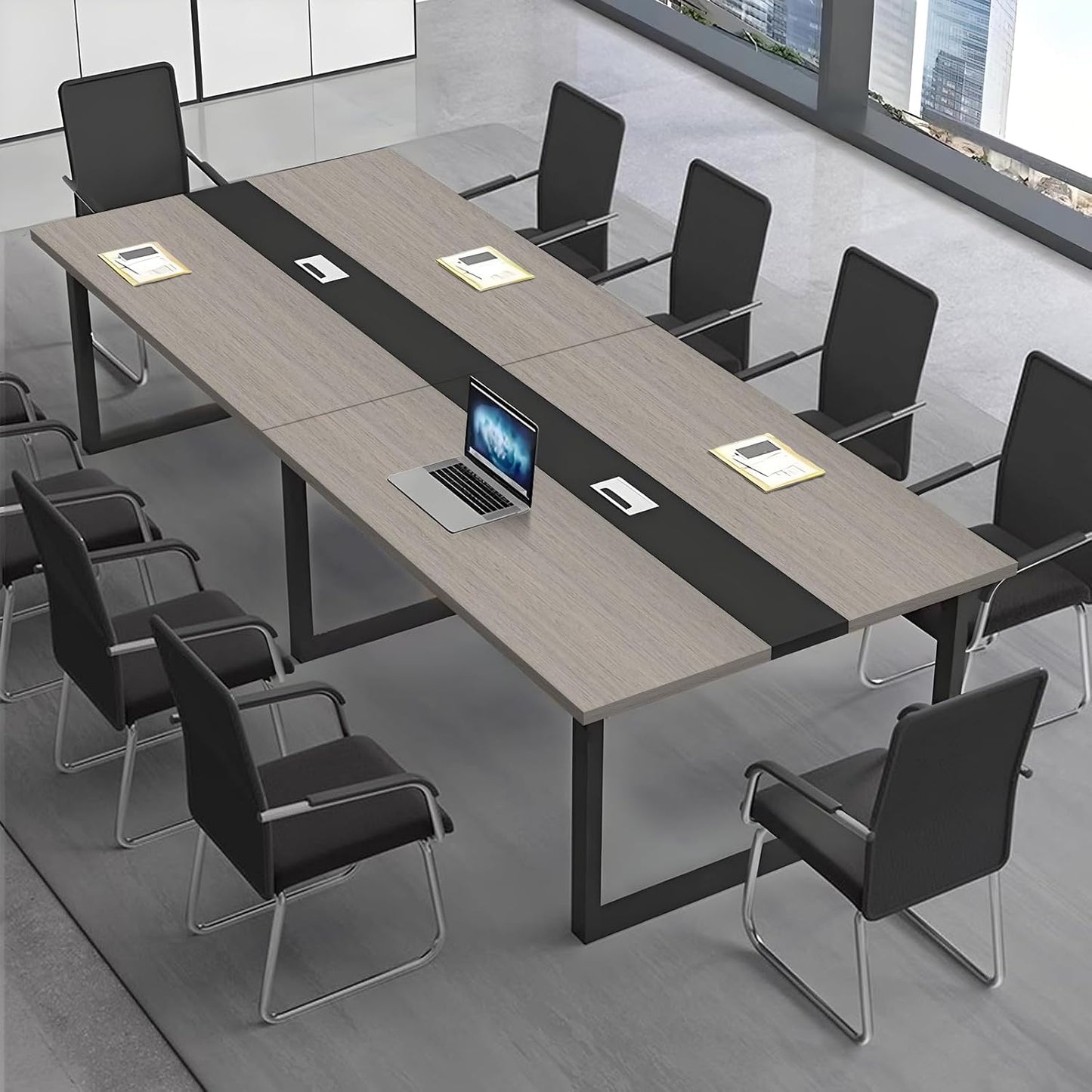Large Conference Table, Modern Meeting Table with Cable Channel and Black Metal Frame for 8-12 People, Rectangular Seminar Table for Office, Conference Room