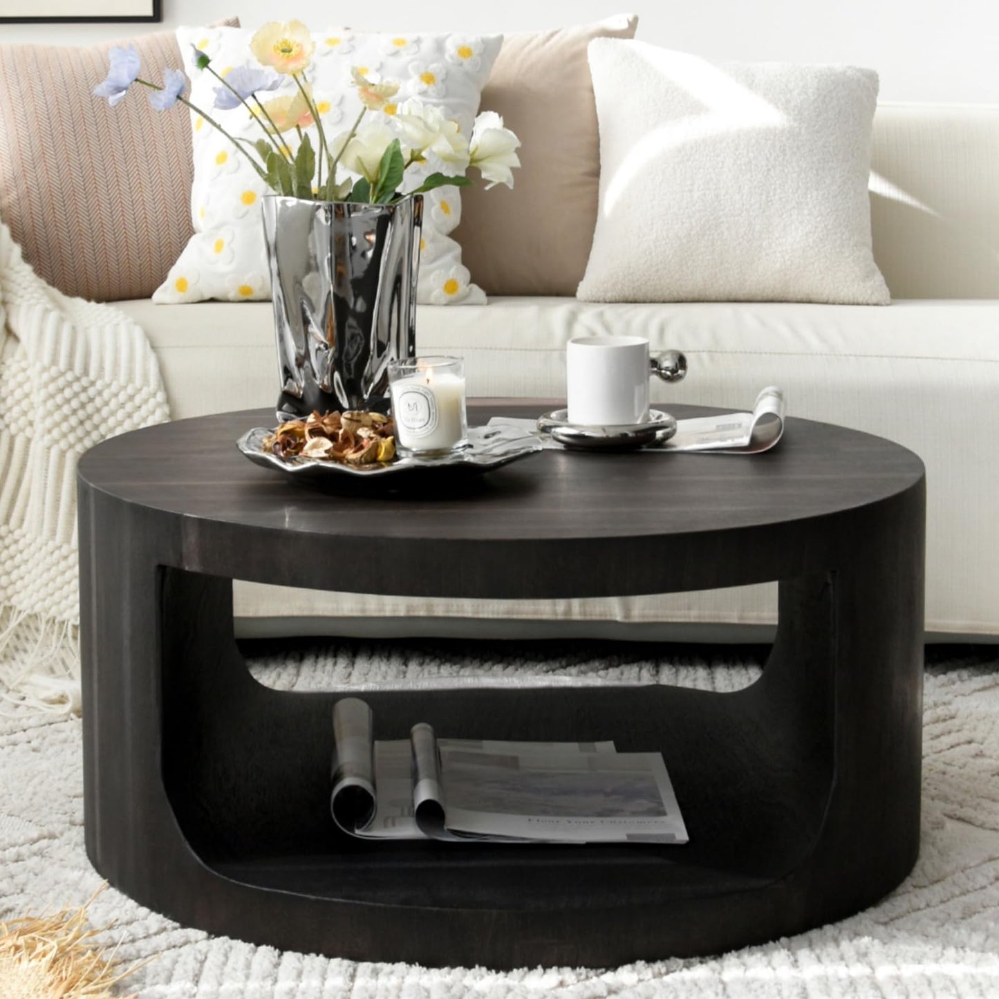 Round Wooden Coffee Table, Living Room Table with Large Storage Space, Coffee Table No Assembly Required, Modern Sofa Table for Living Room, Bedroom, Diameter 80 x 36 cm, Coffee Table (Black)