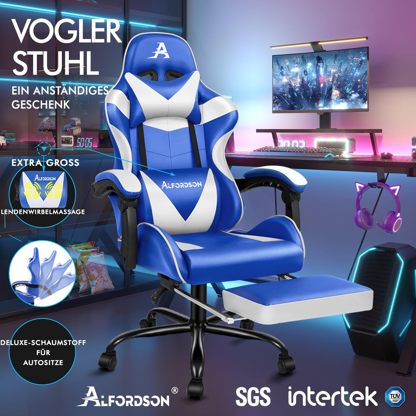 ALFORDSON Videospielstuhl, ergonomischer Bürostuhl, Massage-Rennstuhl, einziehbare Fußstütze, PU-Leder, höhenverstellbar und neigbar, 180 kg Tragkraft, Schwarz