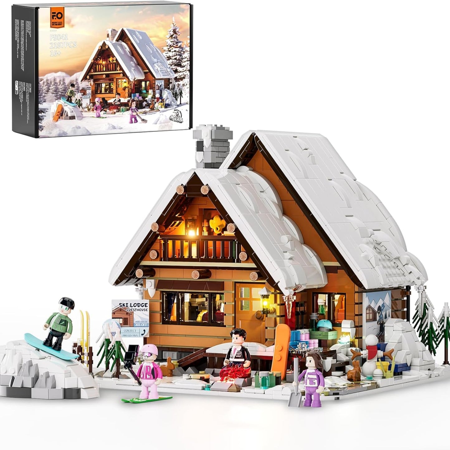 FUNWHOLE Christmas Ski House Building Blocks Set with LED Light, 2187 Pieces Ski Lodge Building Blocks Snow Hut Toy Modular Building Blocks Clamping Blocks for Adults and Teenagers