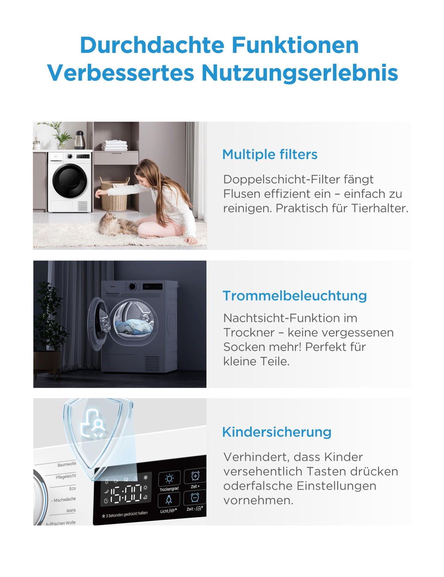 Midea MD11EH70BD Heat Pump Dryer, 7 kg, Energy Class D, Quick Dry 35', HealthGuard, Sensor Drying, Refresh, Wrinkle Resistant, Refresh Wool, White