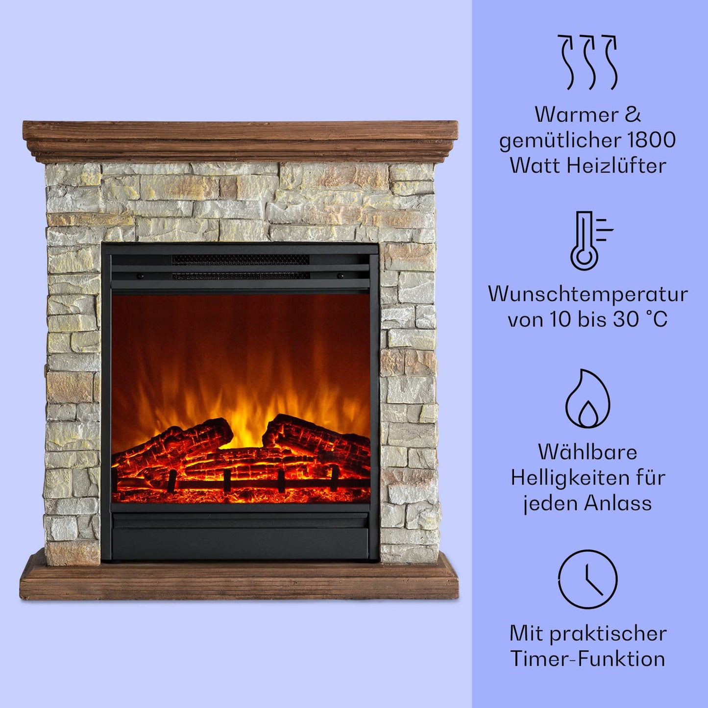 Klarstein Elektrokamin, Elektro Heizungen für Wohnzimmer & Innenräume, Elektrischer mit LED Flammen, mit Fernbedienung, Elekroofen-Kamin, Automatische Temperaturregelung, Heizung 1800 W