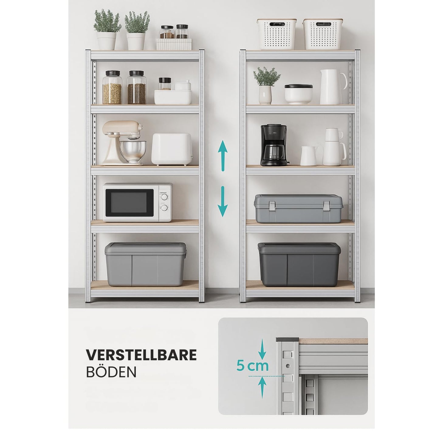 casa pura Heavy Duty Shelving Unit Set of 2 Cellar Shelves Storage Shelves 30 x 75 x 150 cm Shelf with Steel Frame Maximum Load 650 kg Each 5 Adjustable Shelves Silver