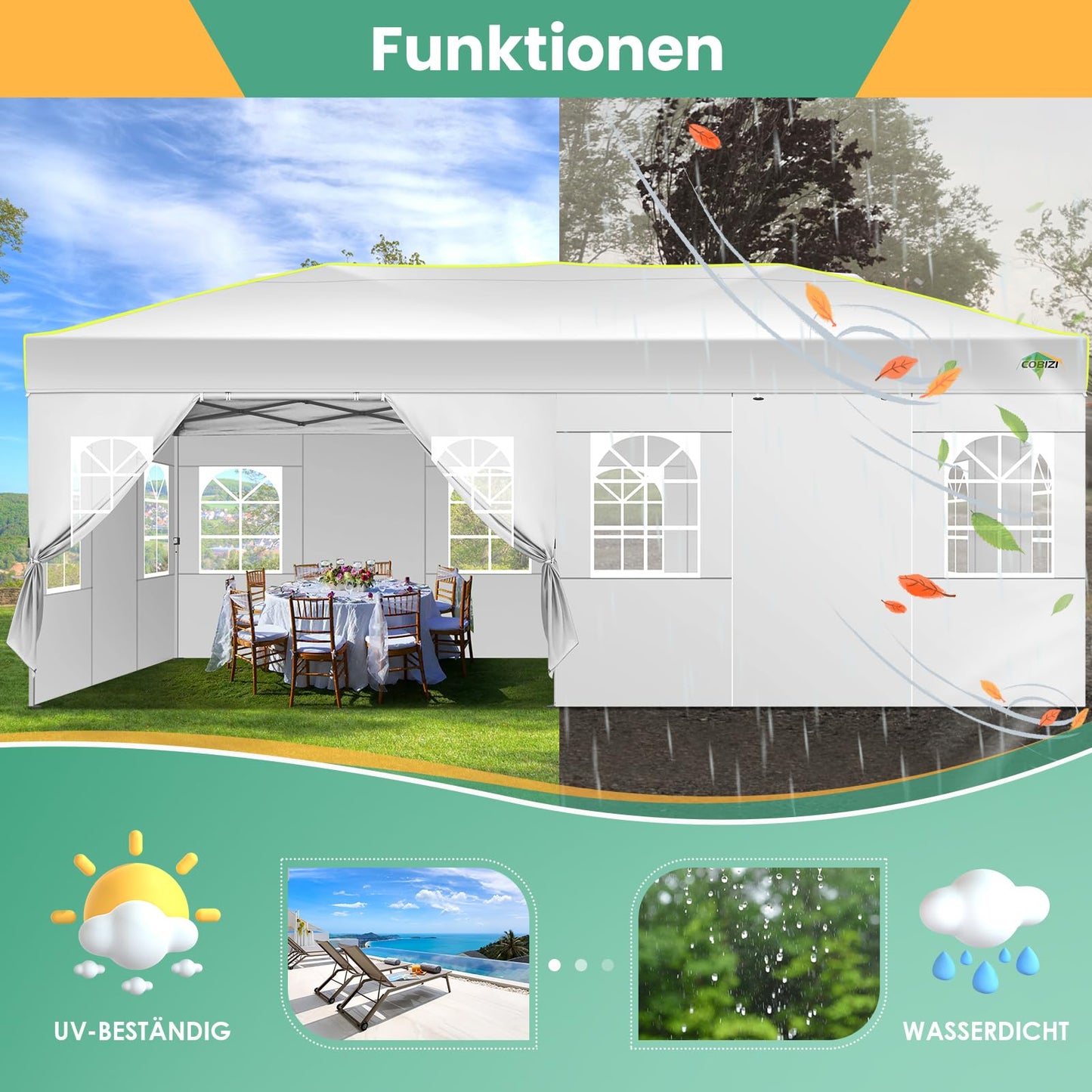 COBIZI Faltpavillon 3x6 Pavillon wasserdicht Winterfest, Ein-Tasten-Zentralverriegelung Partyzelt Faltbar Anti-UV mit 6 Seitenwänden, Gartenpavillon mit Leuchtstreifen für Hochzeiten, Freien, Garten