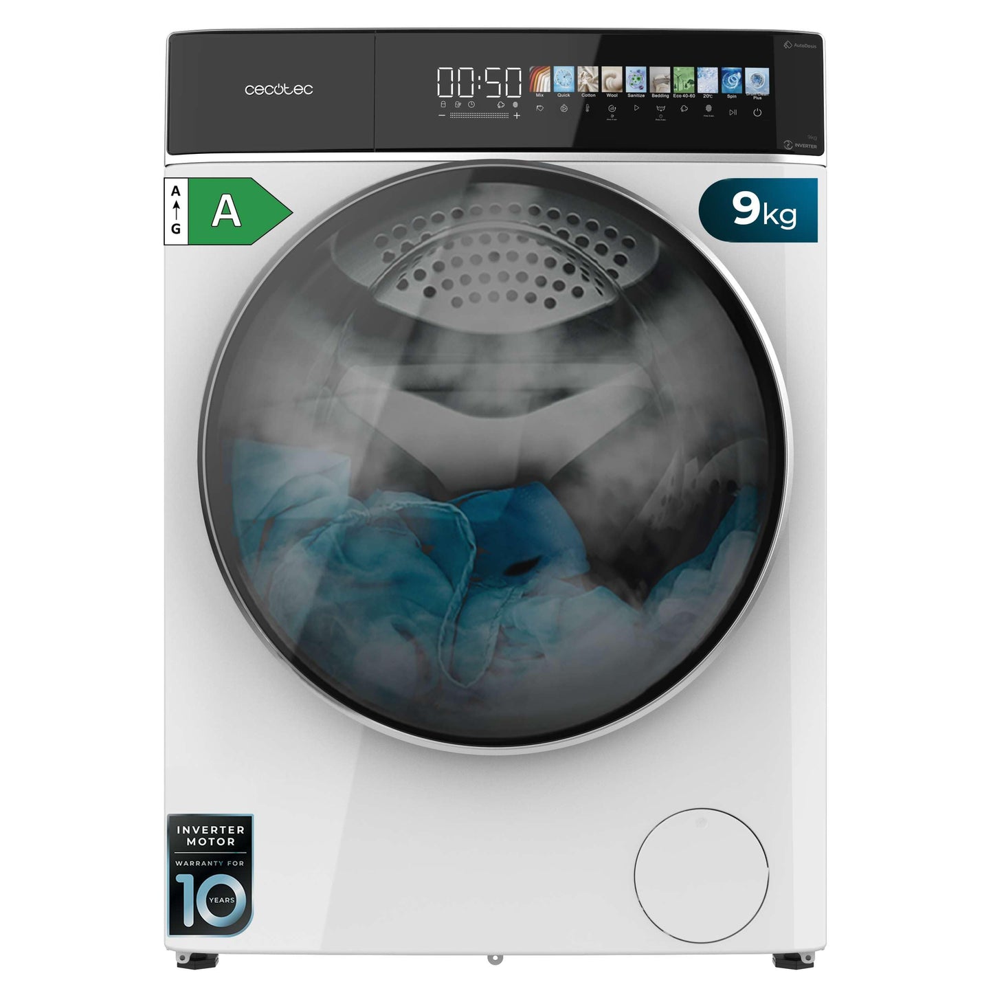Cecotec Washing Machine 10 kg Front Loader Bolero Dress Code 10950 Car Socket Inverter 3D Steel A. 1400 rpm, Matrix Display 9.2 Inches, 16 Prog, Low Consumption, Inverter Plus Motor, Auto Dosage,