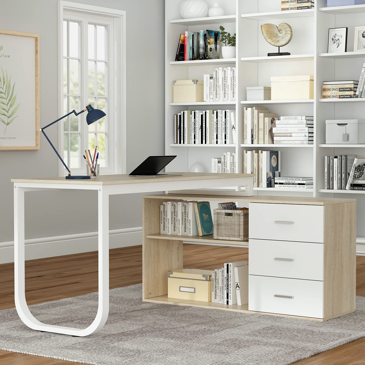 DEZAGCE L Förmiger Schreibtisch, Eckschreibtisch, Computertisch, Schbreibtisch mit 3 Schubladen und 105 cm Länge Aktenschrank,Arbeitstisch, Schreibtische, Weiß, 140 x 105 x 75 cm