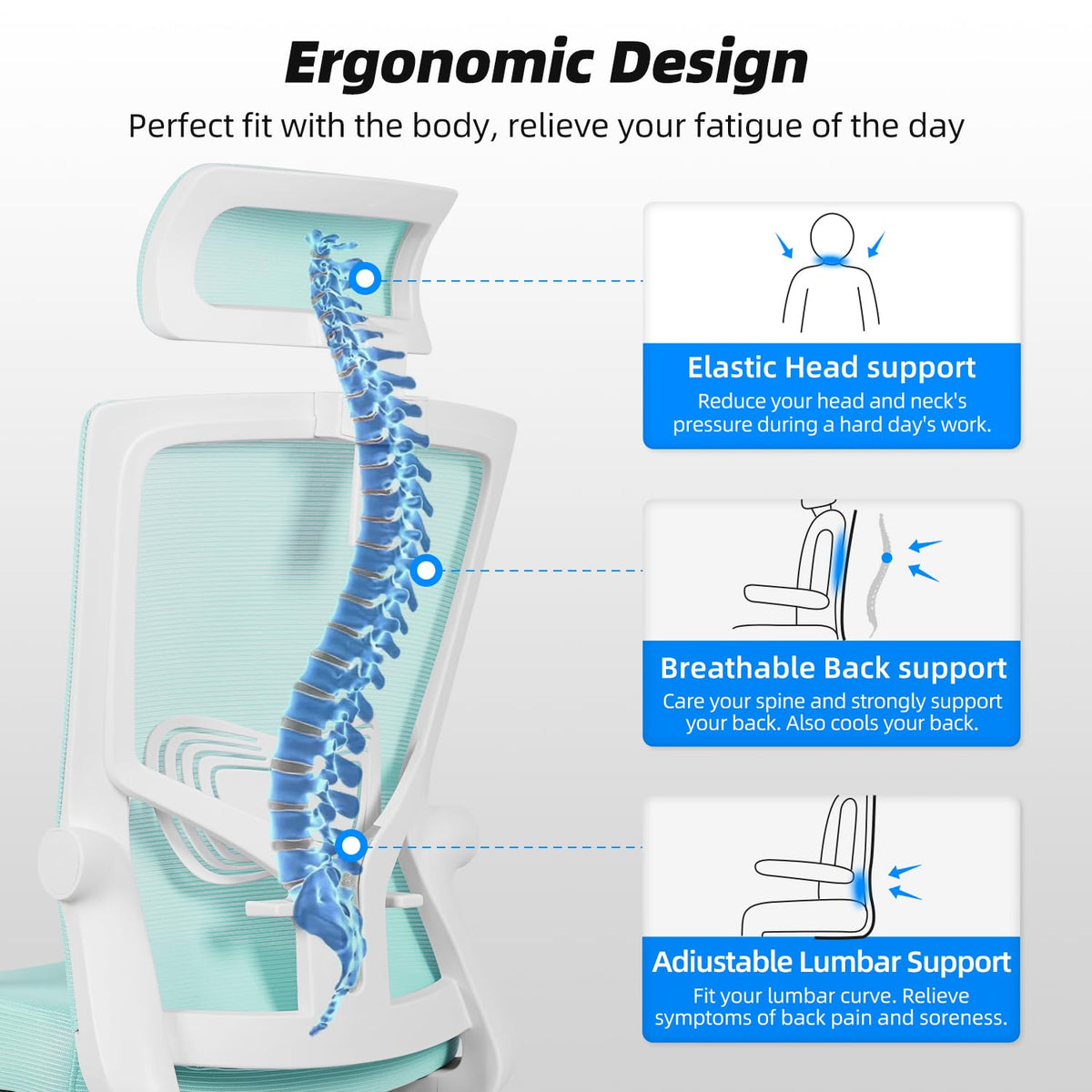 Daccormax Ergonomic Office Chair, Desk Chair with Adjustable Headrest, Armrests, Lumbar Support, Swivel Chair, Rocker Function, Mesh Executive Chair, Back-Friendly, Office Chair 150 kg