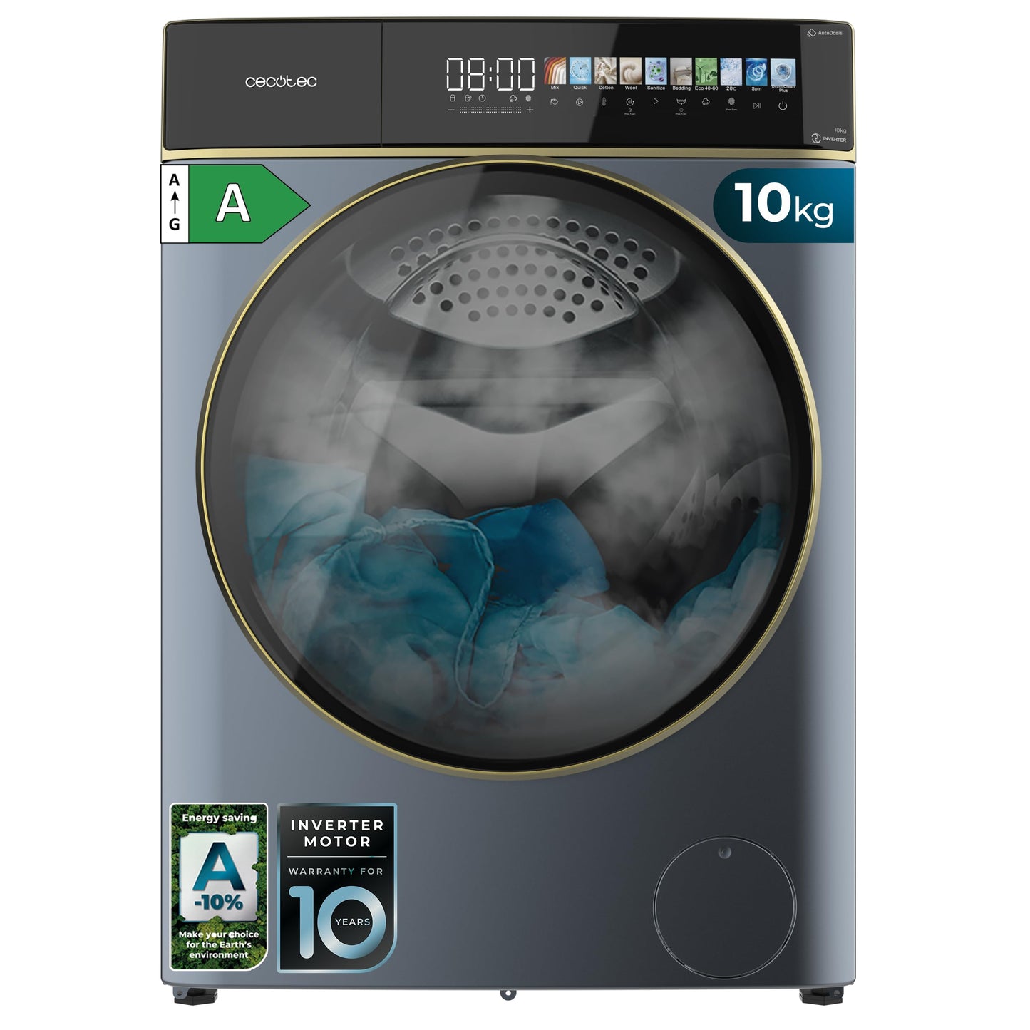 Cecotec Washing Machine 10 kg Front Loader Bolero Dress Code 10950 Car Socket Inverter 3D Steel A. 1400 rpm, Matrix Display 9.2 Inches, 16 Prog, Low Consumption, Inverter Plus Motor, Auto Dosage,