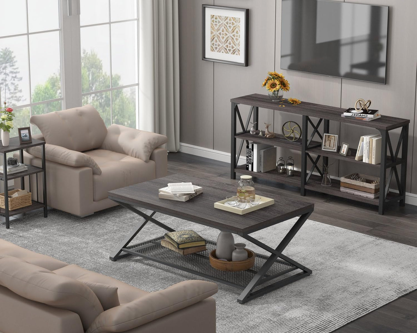 LVB Rectangular Coffee Table, Living Room Table, Sofa Table, Side Table, Wood, Metal, Living Room Furniture, Coffee Table, Vintage Retro Industrial Design, 120 x 60 x 45 cm