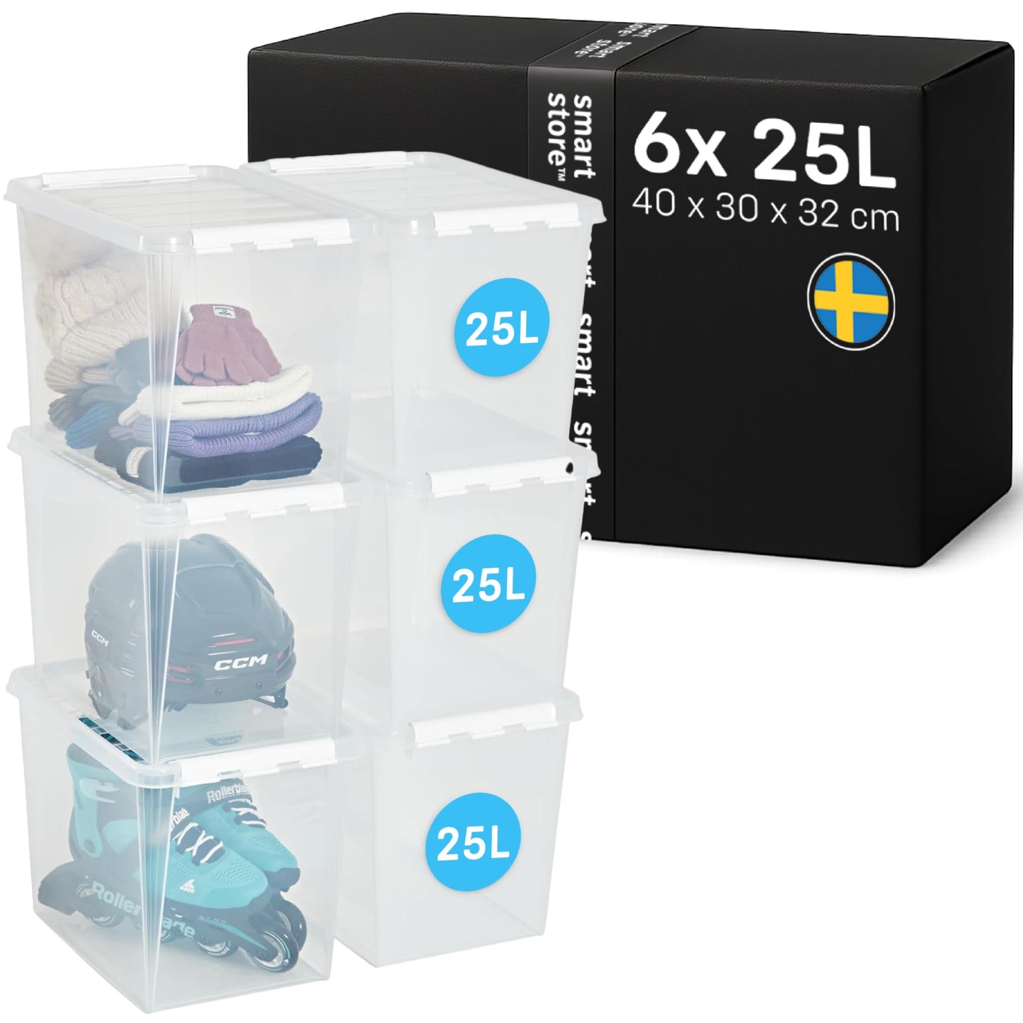 SmartStore Storage Box with Lid, 14 Litres, Pack of 4, Reinforced, Large, Transparent, Food Safe, with Clip Closure, Stackable, BPA-Free Plastic, 40 x 30 x 18 cm (L x W x H)