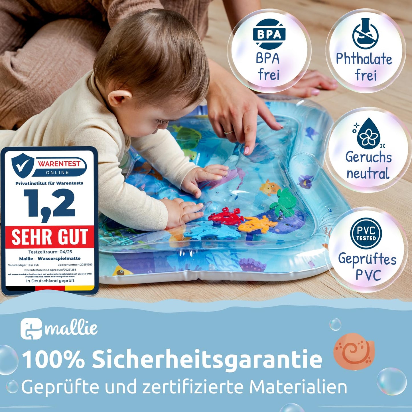 Mallie® Wassermatte Baby 66x50 CM [100% BPA & Schadstoff-Frei] ab 3, 6 und 9 Monate im Ozean Blau Design I Baby Spielzeug, Spielzeug Ab 6 Monate als Wassermatte Baby und Baby Spielzeug 6 Monate