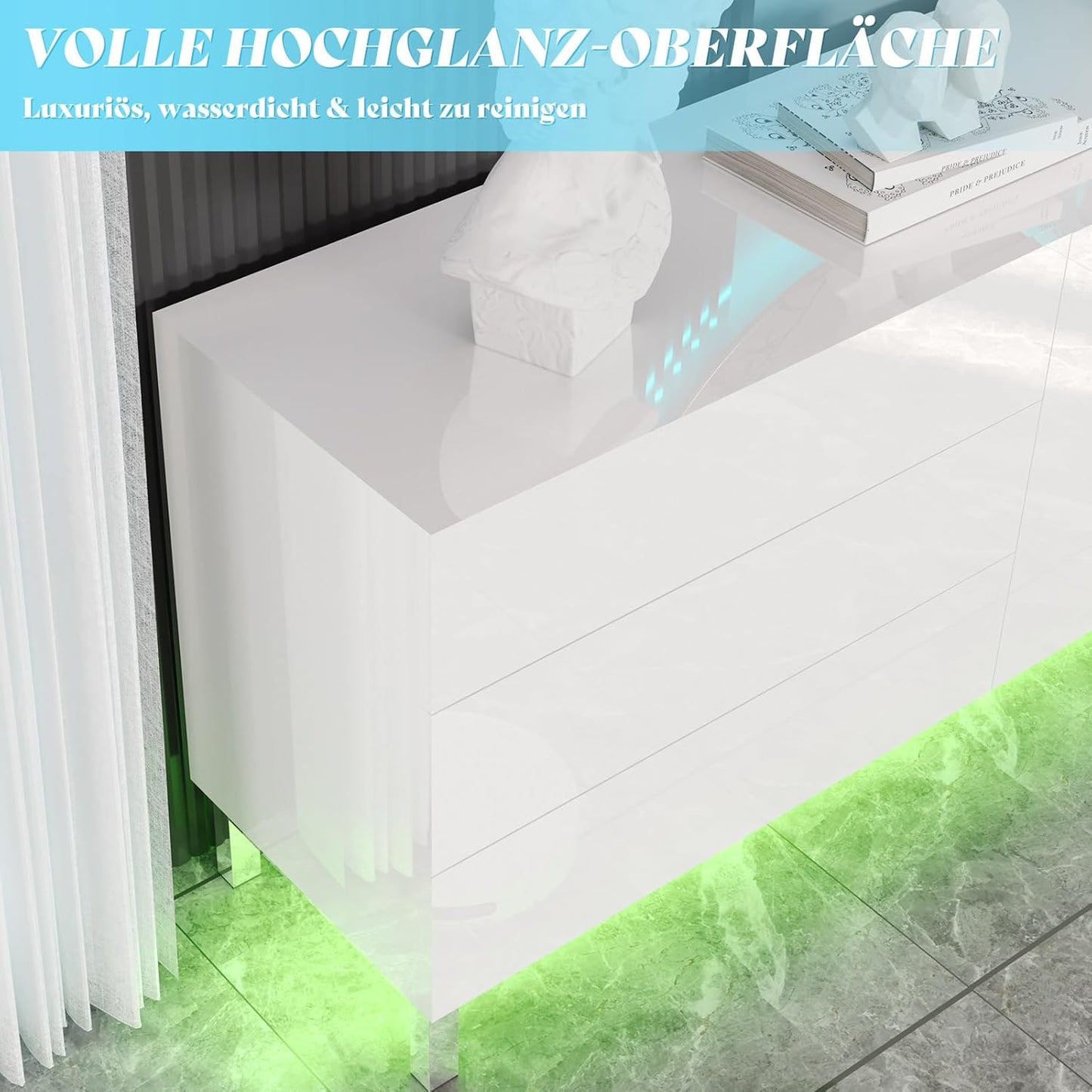 Sideboard High Gloss White with LED, Modern Sideboard with 2 Doors and 3 Drawers, Living Room, Chest of Drawers with Electro-Chromed Accents, 160 x 76 x 40 cm