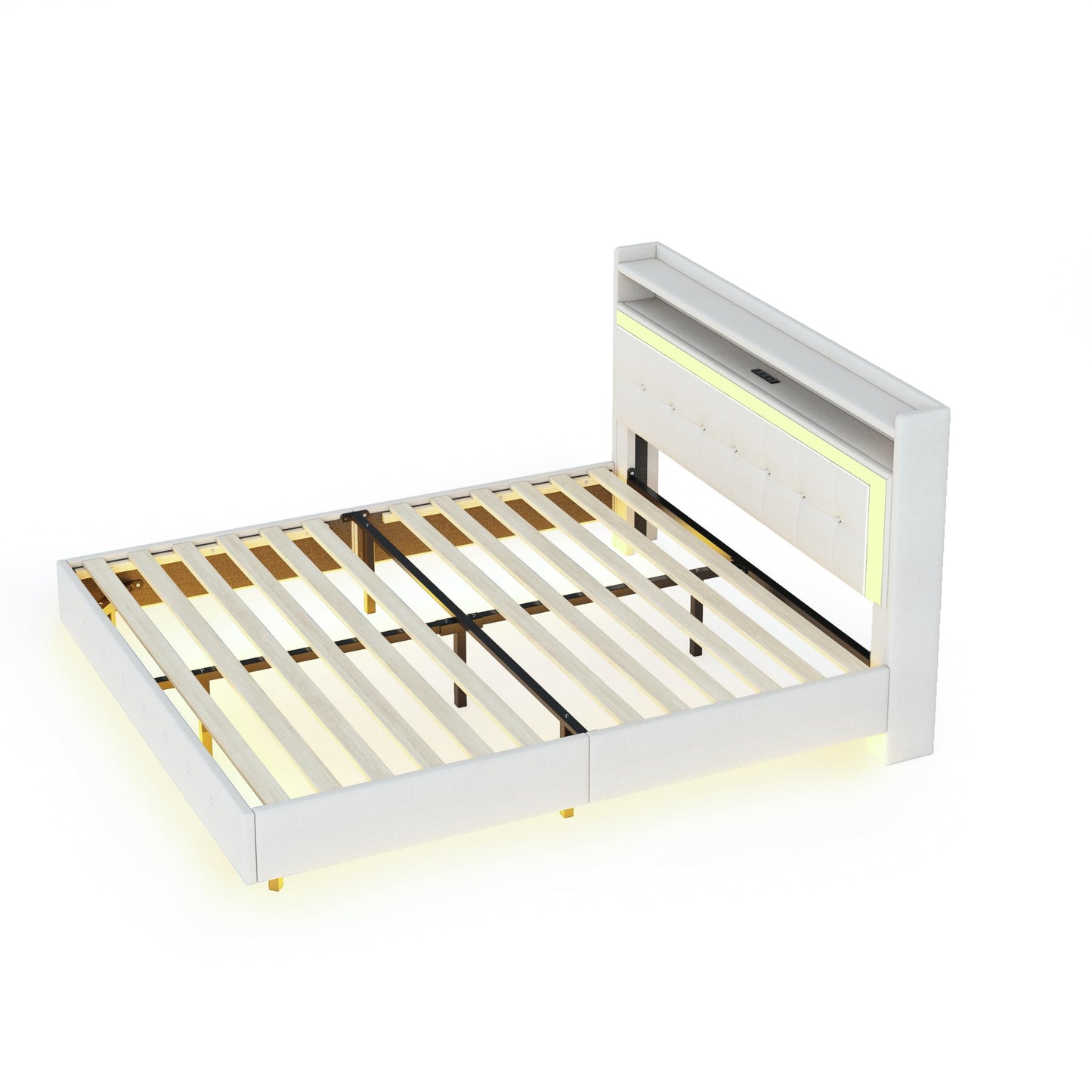 Polsterbett Doppelbett 140x200 cm mit LED-Beleuchtung und USB-Ladeanschluss, Bett mit Stauraumkopfteil, Stauraumbett mit Metallrahmen und Lattenrost aus Holz, Leinen, Beige, Ohne Matratze
