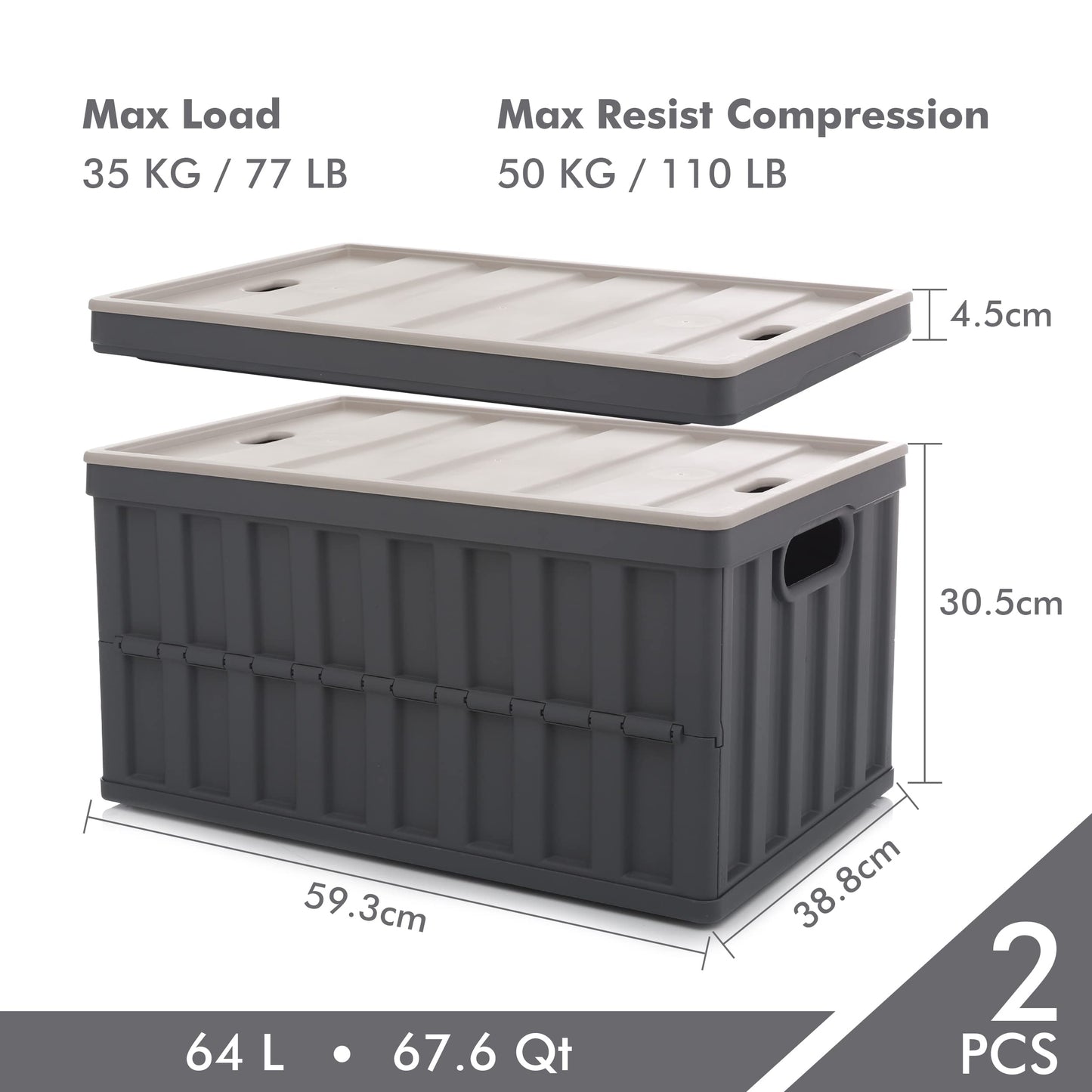 Citylife Set of 4 64 L Folding Box with Lid, Foldable Camping Box, Collapsible Storage Bins for Organising Large Heavy Outdoor, Bathroom, Kitchen, Office, Living Room (Grey)