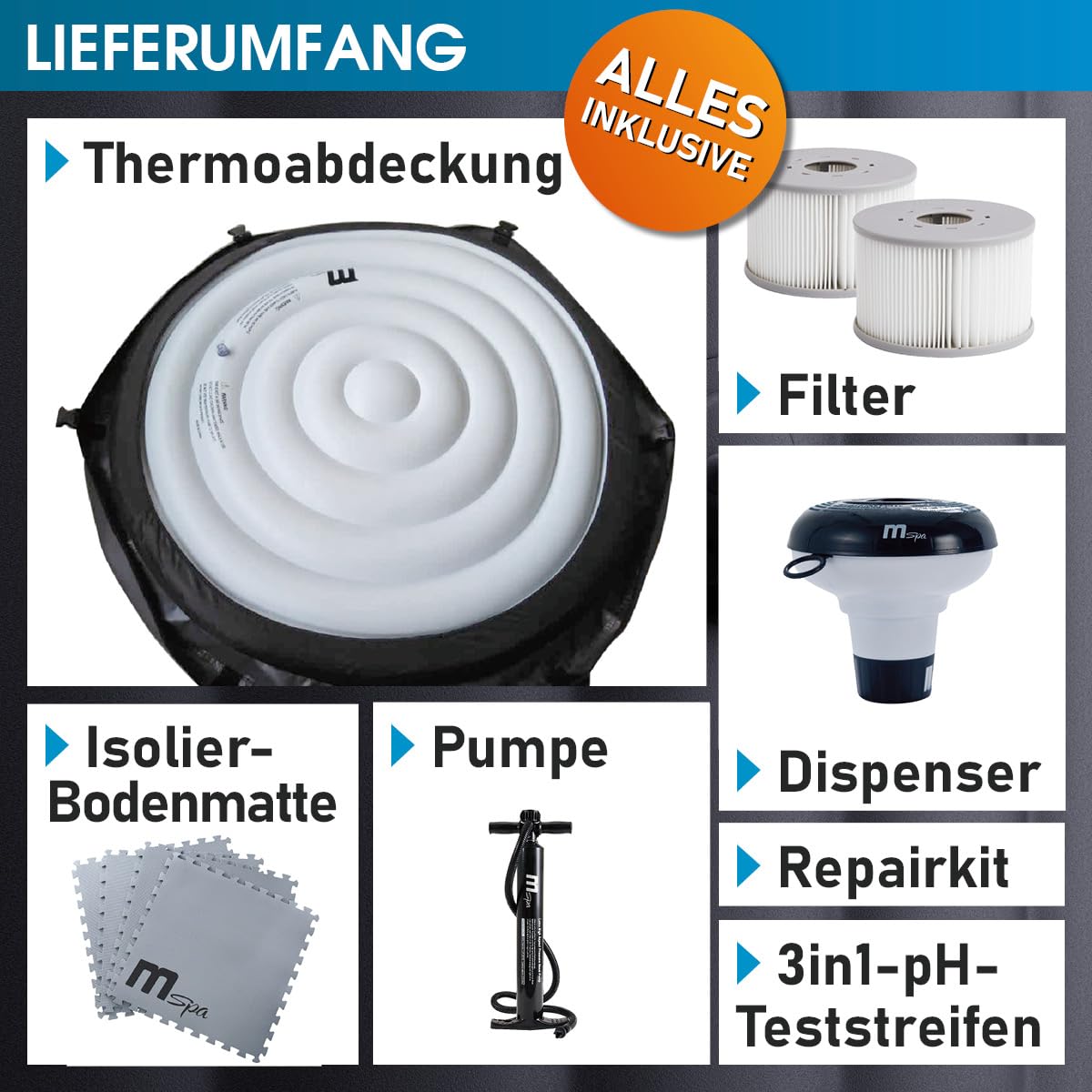 BRAST® Whirlpool aufblasbar MSpa | 4-8 Personen | viele Modelle rund und eckig | Ø 125-224cm | In- Outdoor Pool | bis zu 144 Massagedüsen | inkl. Aufblasfunktion Abdeckung Timer Heizung | Duet